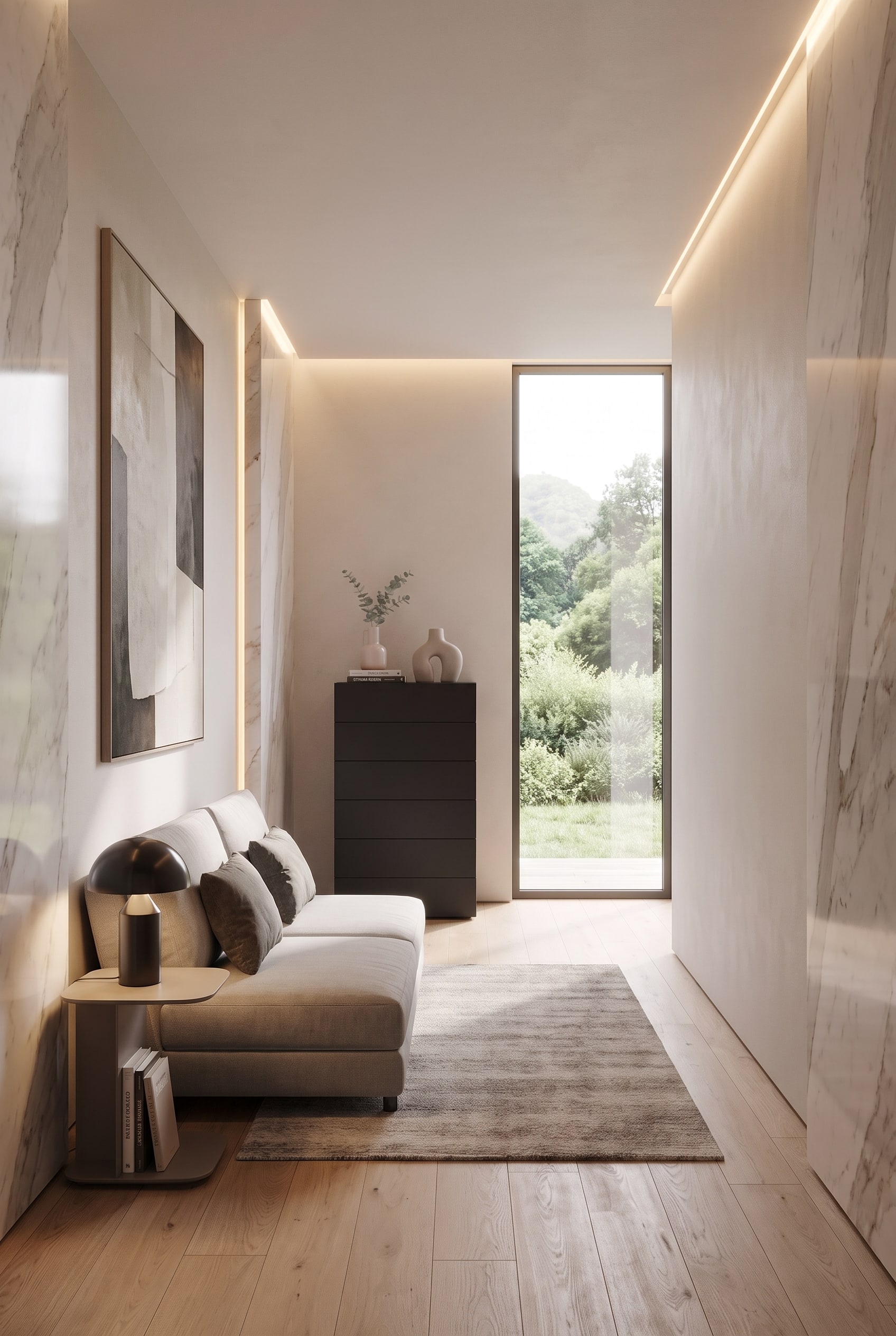 Une commode haute Novamobili Easy noir brillant à 6 tiroirs se trouve dans une chambre d'amis lumineuse devant un mur blanc et reflète doucement la lumière du jour.