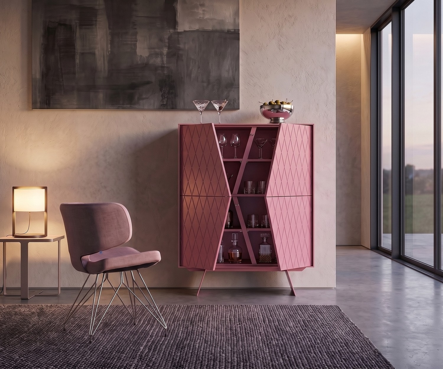 al2 e-klipse 009 highboard barkast in de woonkamer, elegant mat roze design met deuren in ruitpatroon.