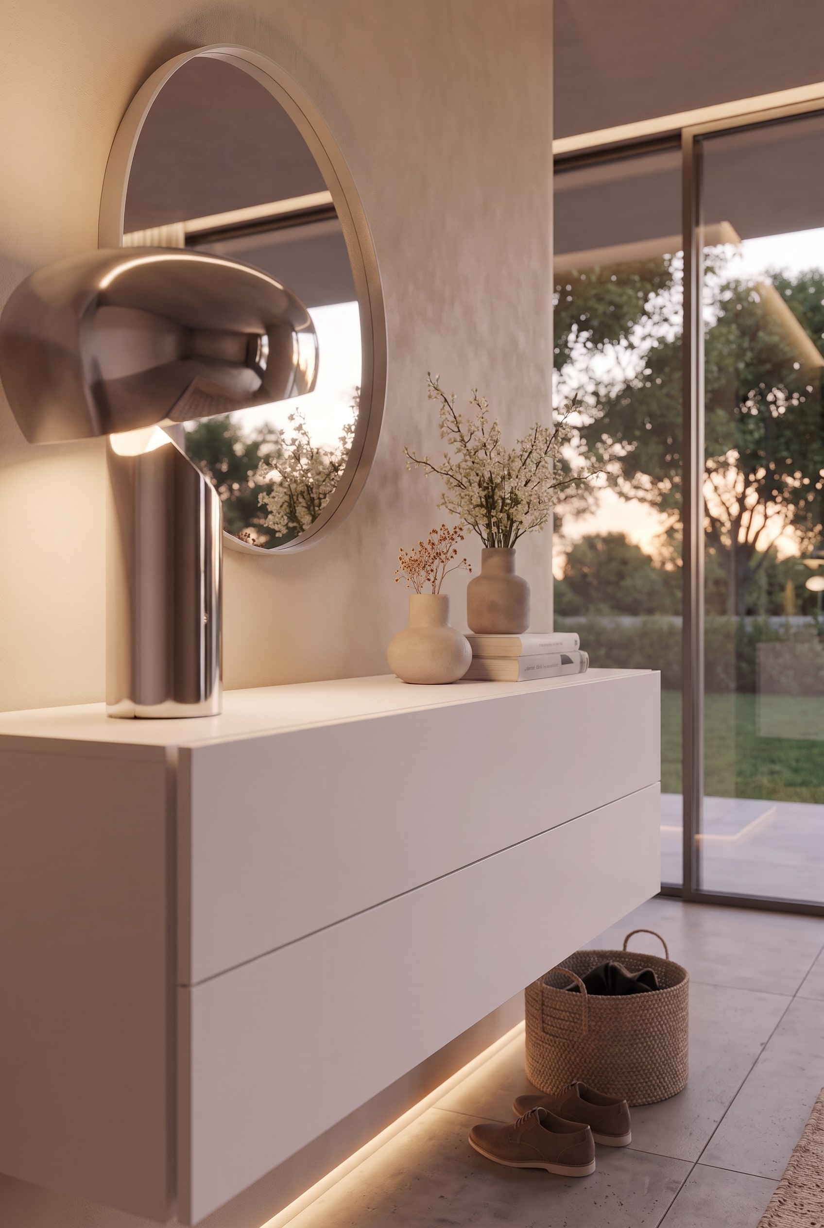 Vue d&eacute;taill&eacute;e d'une commode suspendue blanche avec une lampe chrom&eacute;e brillante, des vases en c&eacute;ramique mats et des fleurs s&eacute;ch&eacute;es.