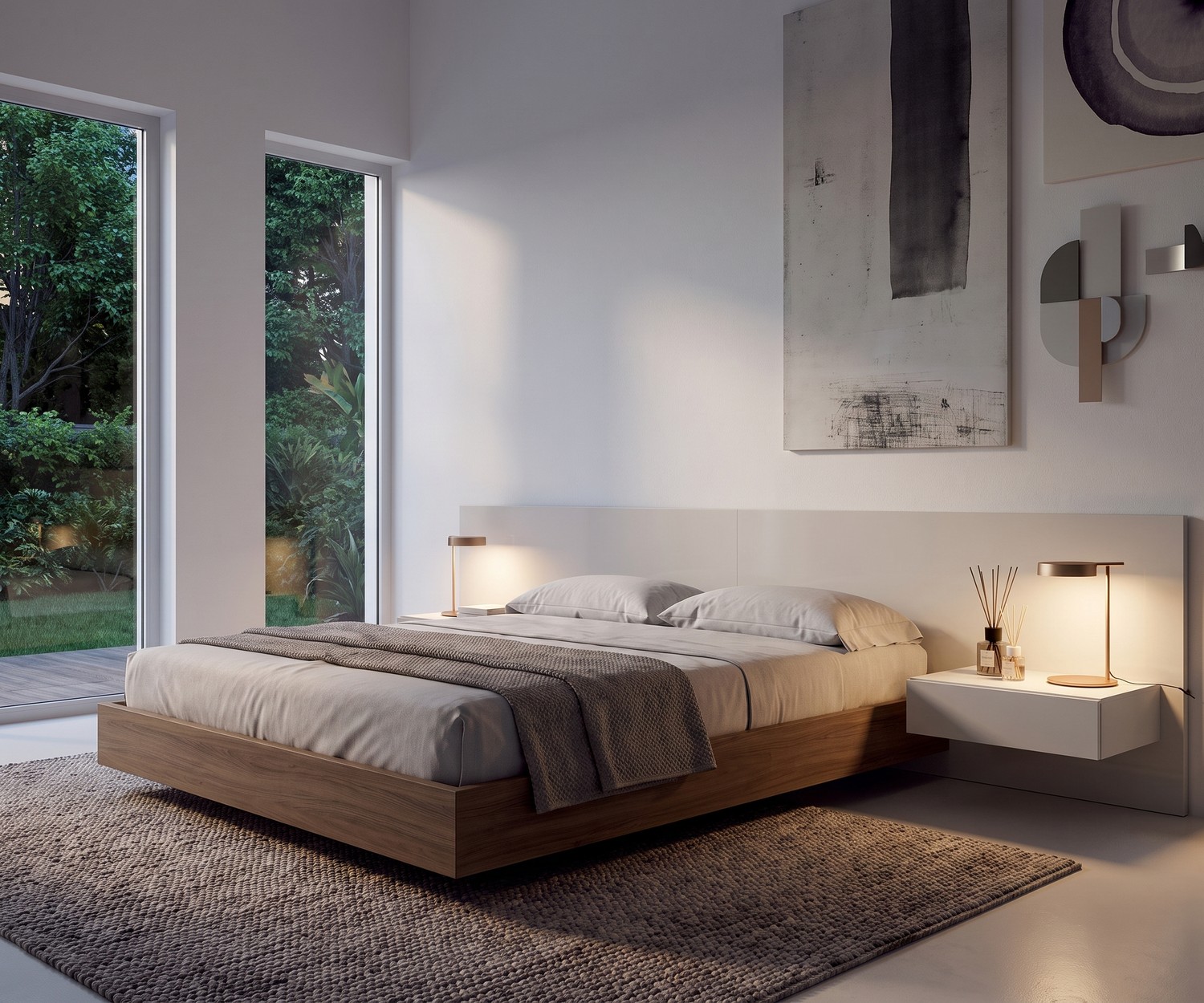 Table de chevet suspendue Novamobili Easy à 1 tiroir, fixée au lit dans une chambre moderne et minimaliste blanche.