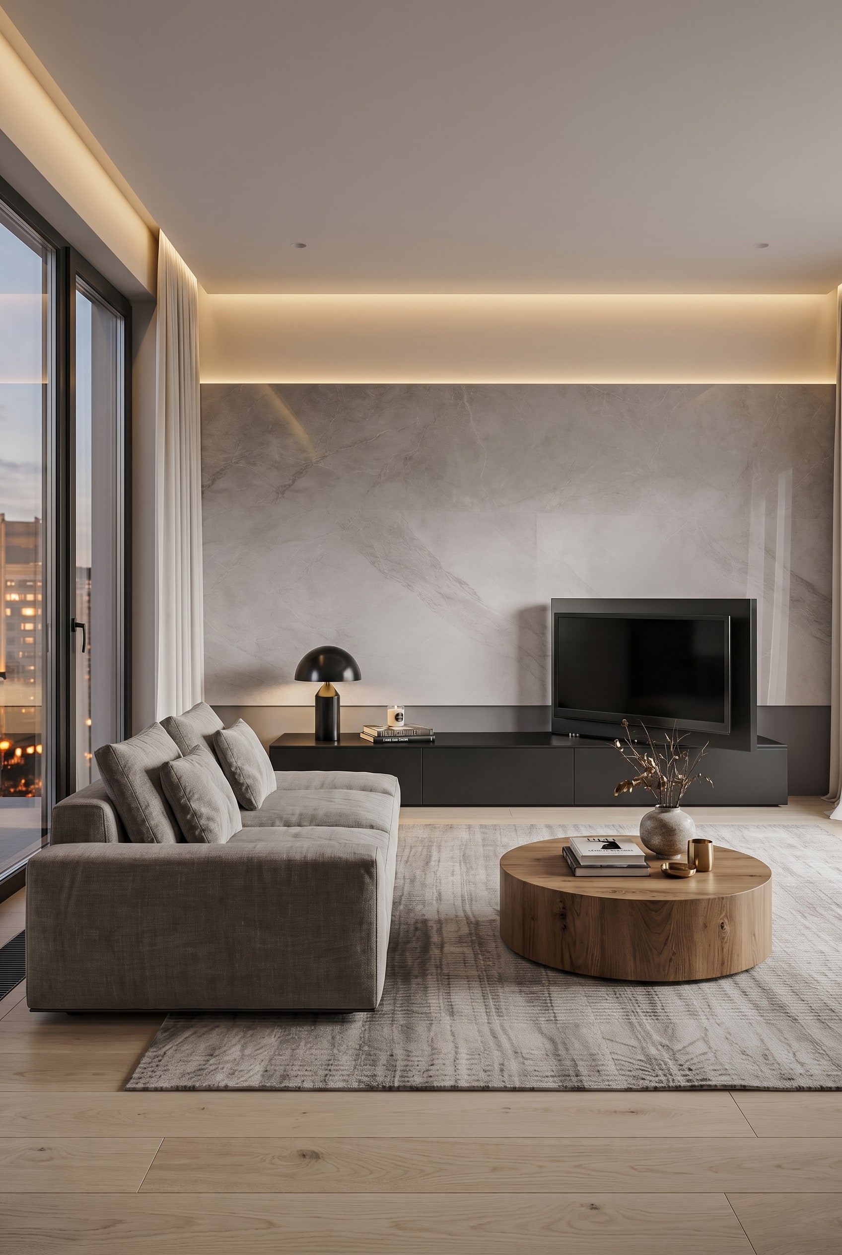 Meuble TV moderne Livitalia C35 avec panneau TV pivotant dans un salon &eacute;l&eacute;gant en forme de L.