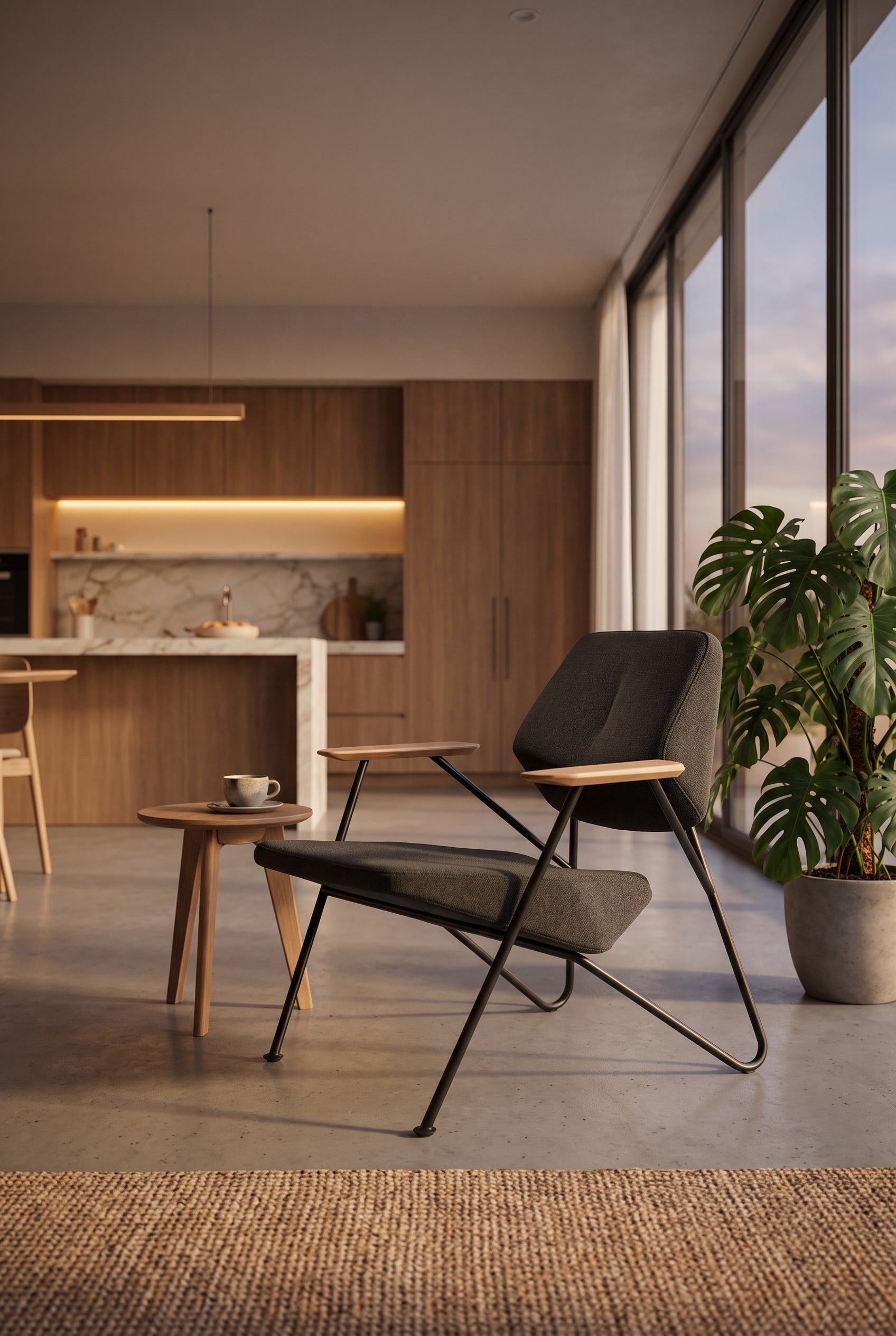 Fauteuil lounge anguleux avec rev&ecirc;tement en tissu vert comme zone satellite dans l'espace ouvert