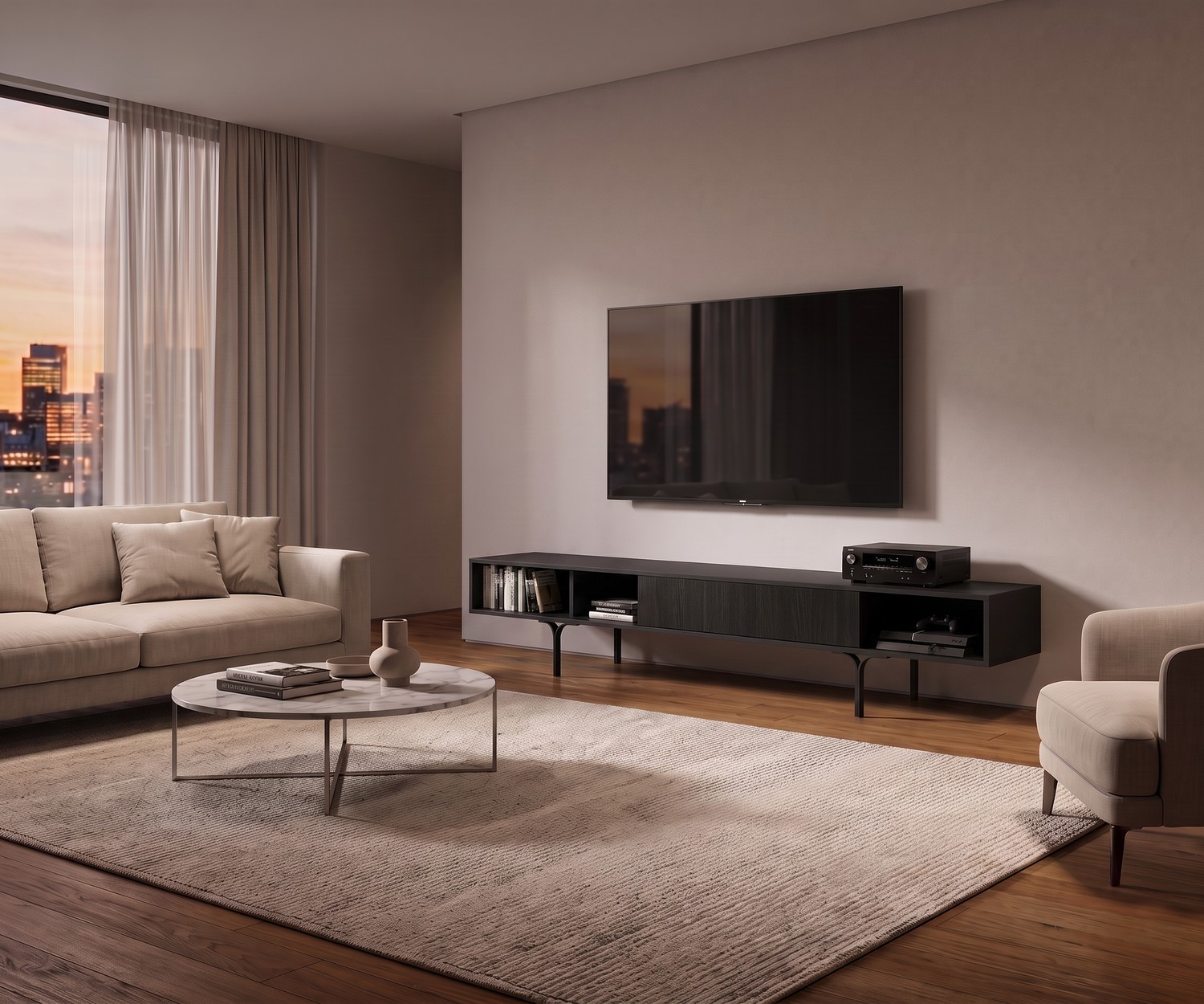 al2 Mobius 005 TV-lowboard in een moderne woonkamer, donkerhouten tv-meubel met elegante poten en open vakken.