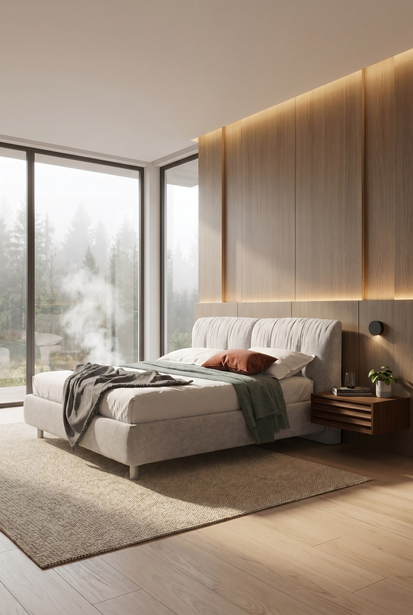 Chambre moderne lumineuse avec fenêtres pleine hauteur et lit rembourré gris centré avec tête de lit épaisse