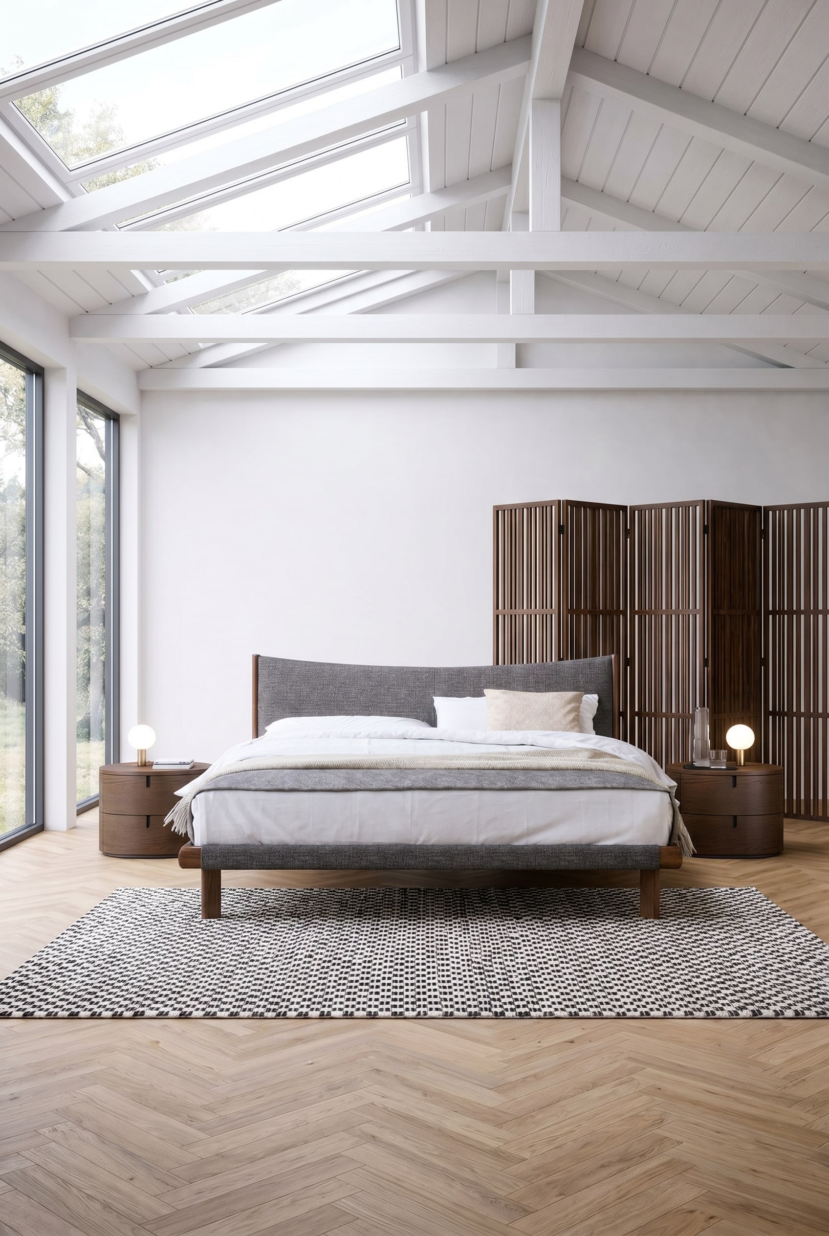 &Eacute;l&eacute;gant lit en bois fonc&eacute; avec dossier incurv&eacute;, linge de lit gris et deux tables de chevet arrondies assorties sur un parquet clair