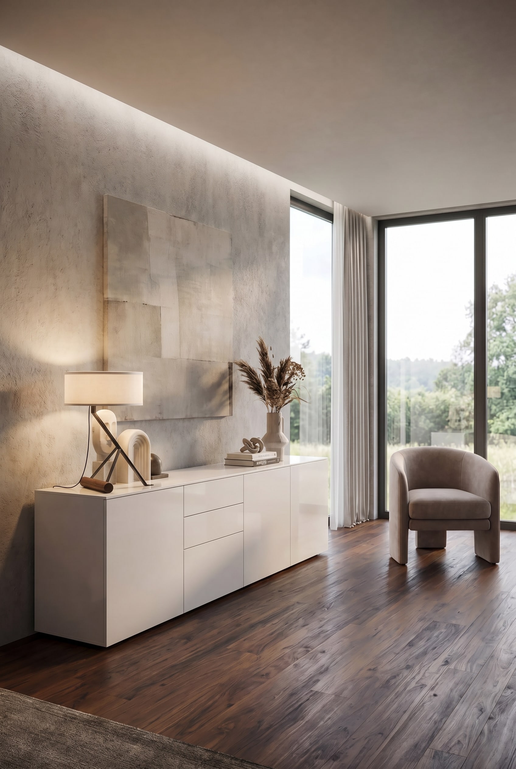 Salon moderne avec meuble de rangement minimaliste et atmosph&egrave;re ordonn&eacute;e