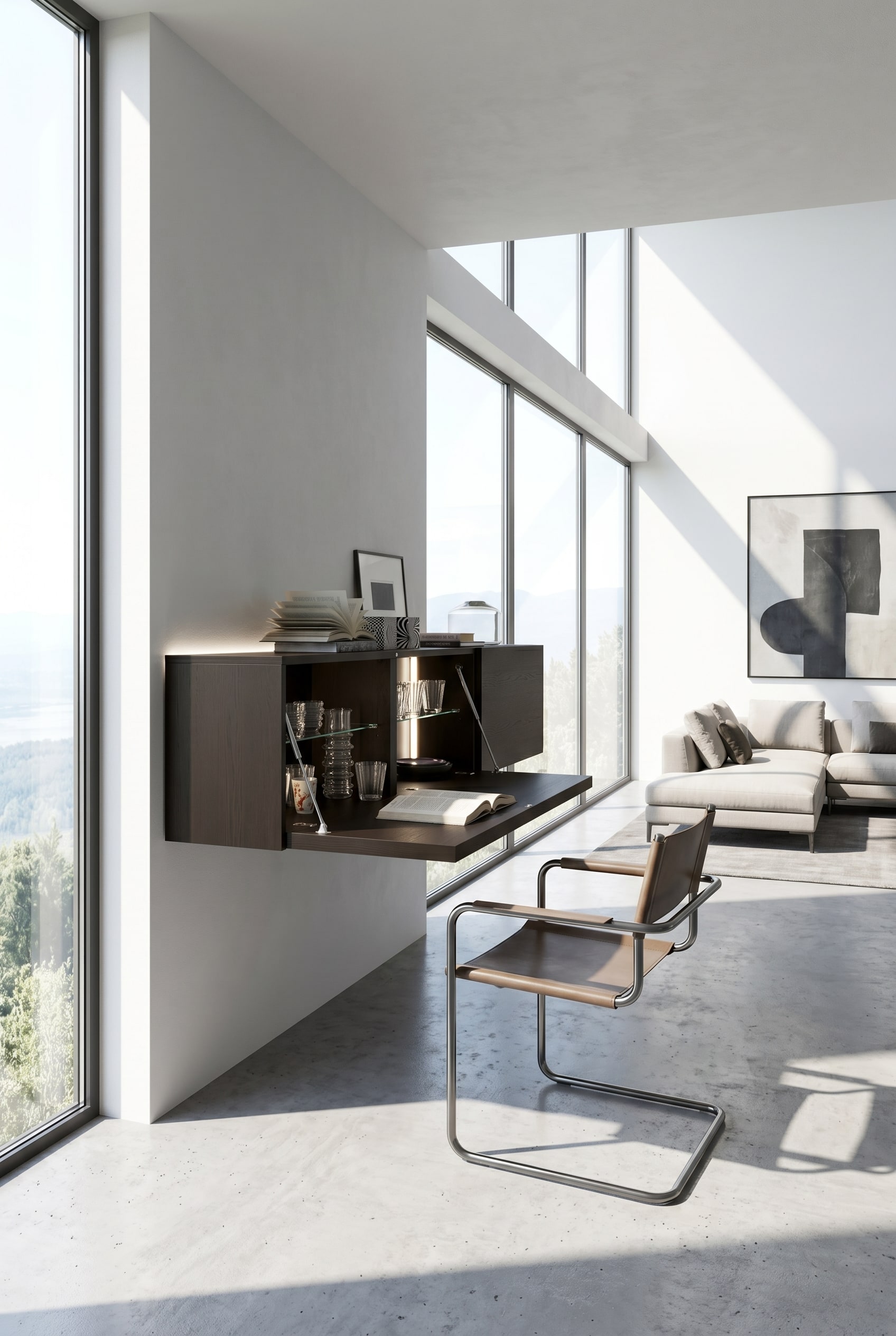 Un élégant meuble haut qui, une fois ouvert, sert de bureau moderne dans le salon. Un élégant meuble haut qui, une fois ouvert, sert de bureau moderne dans le salon.