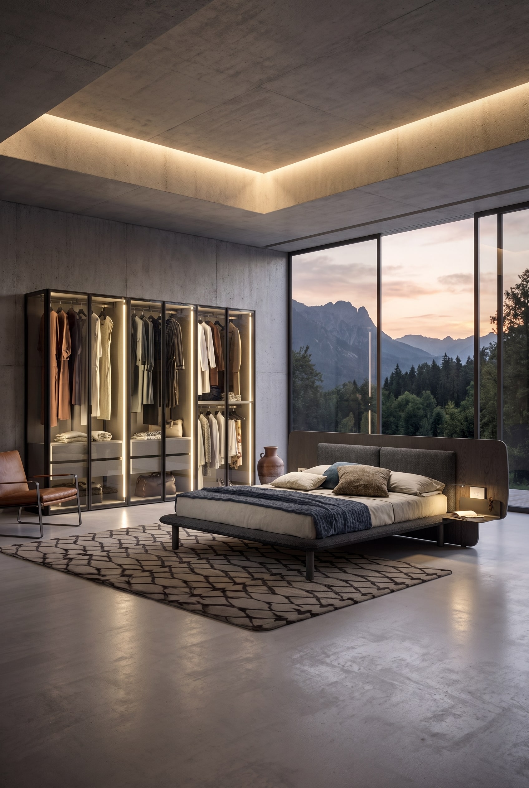 Chambre moderne avec armoire vitr&eacute;e, int&eacute;rieur &eacute;clair&eacute; et un lit rembourr&eacute; devant un mur en b&eacute;ton brut.