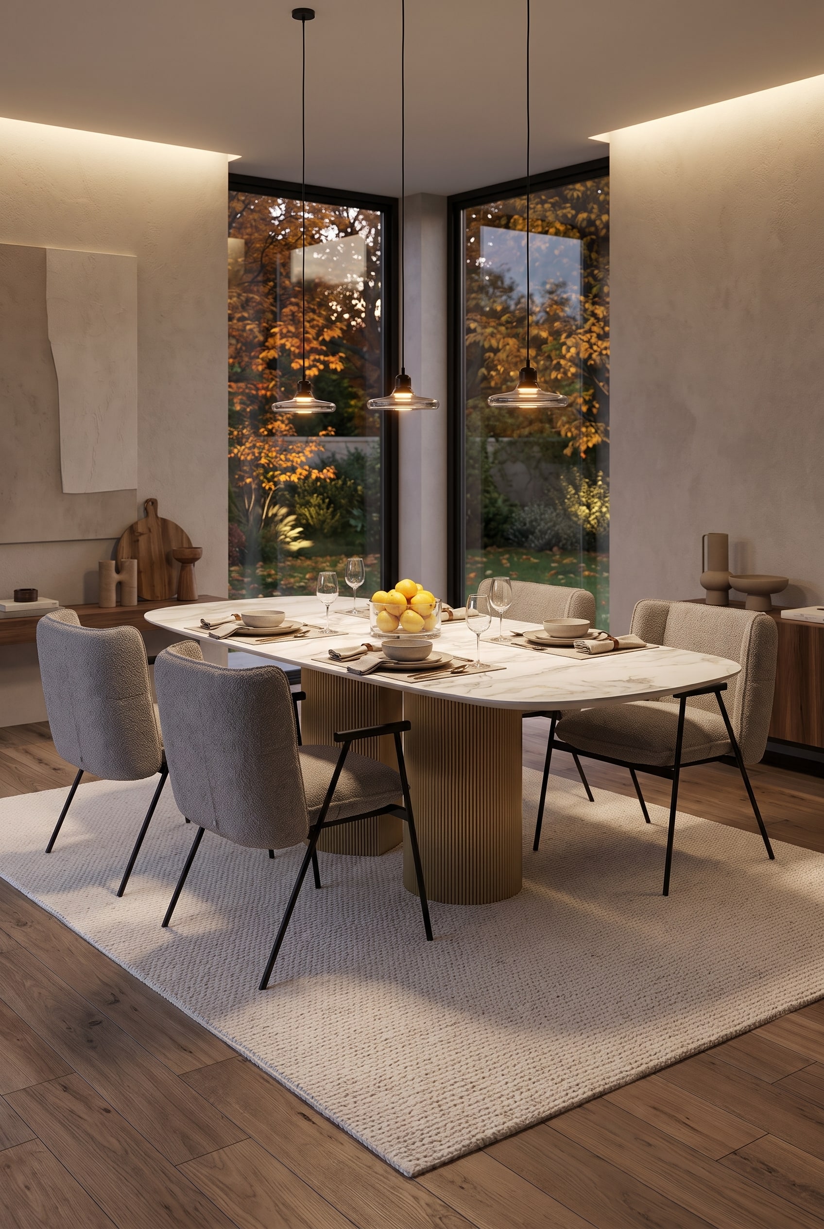 Vue grand angle d'une table &agrave; manger ovale dress&eacute;e avec un socle cannel&eacute; sur un tapis clair devant des fen&ecirc;tres d'automne.