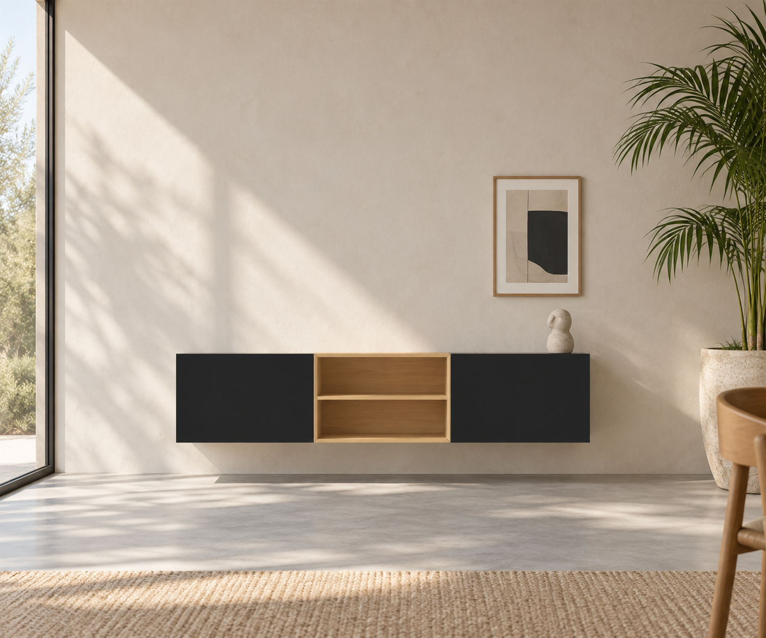 Livitalia Box 18 Wanddressoir 180 cm – Mat zwart + Licht eiken