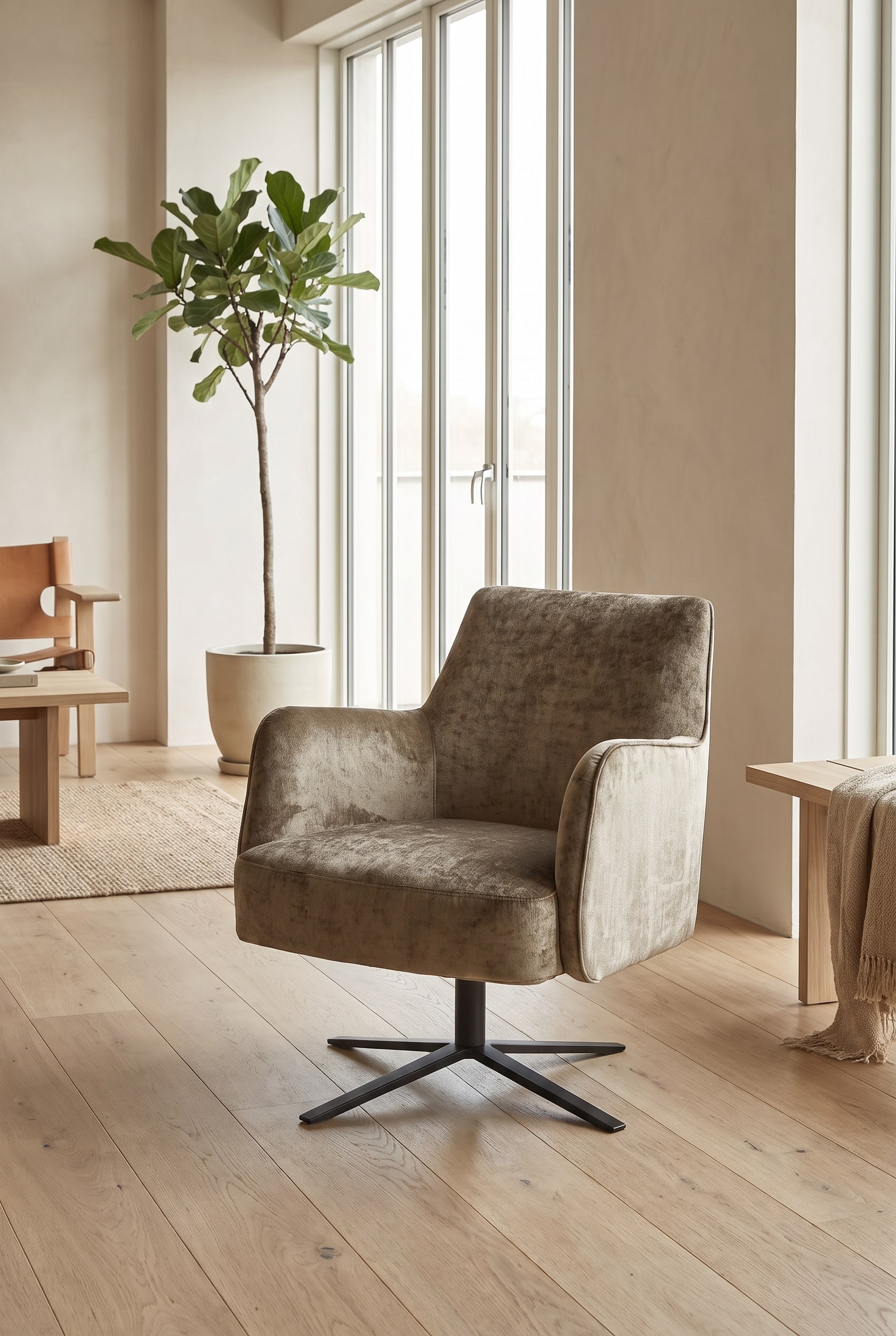 Un fauteuil avec des pieds fins en m&eacute;tal noir et un rembourrage velout&eacute;, plac&eacute; librement dans une pi&egrave;ce baign&eacute;e de lumi&egrave;re