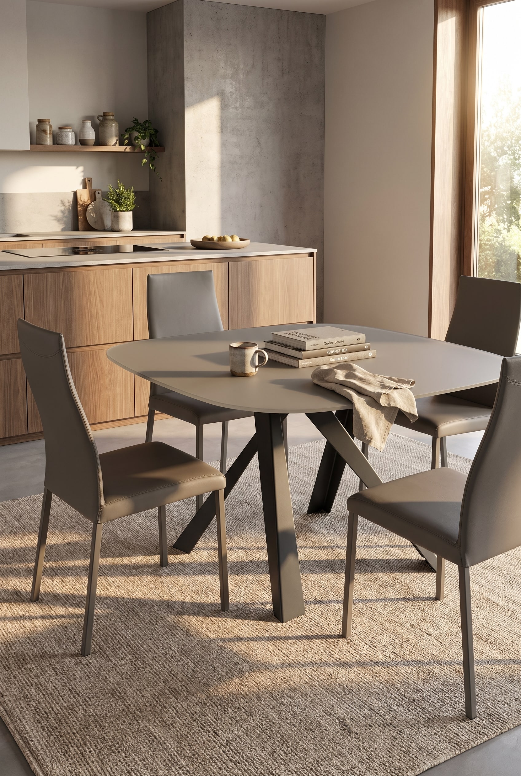 Table à manger avec plateau gris mat et pied central en étoile entourée de quatre chaises en cuir