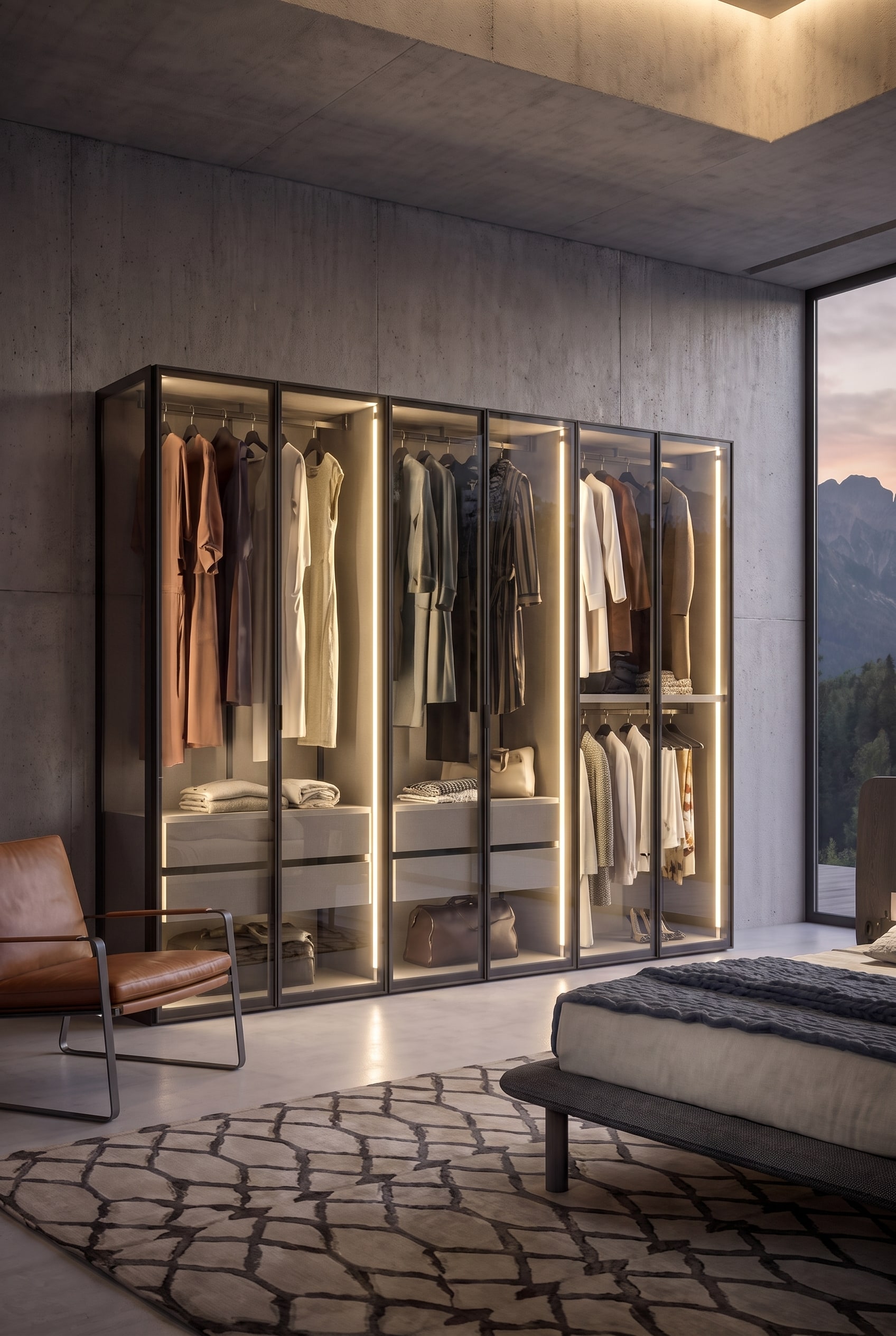 Vue d&eacute;taill&eacute;e d'une armoire en verre &eacute;clair&eacute;e avec des v&ecirc;tements soigneusement suspendus et un fauteuil en cuir marron au premier plan.