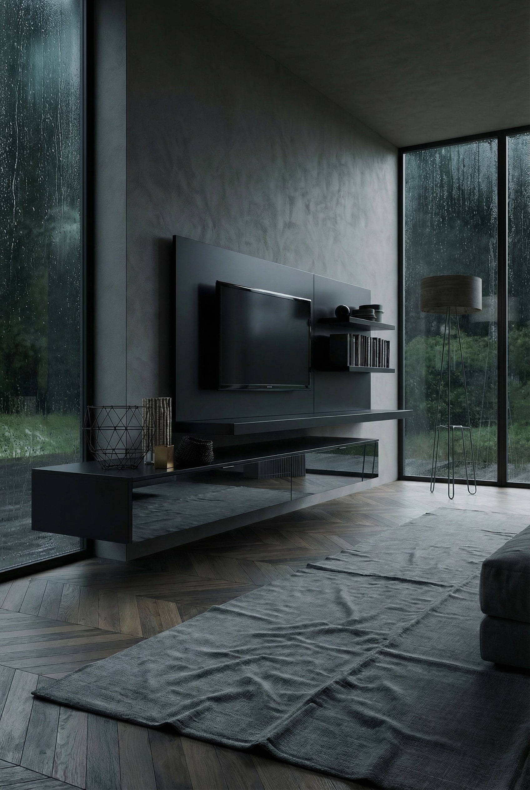 Donkere, monochrome woonwand met glasdetails Donkere, monochrome woonwand met glasdetails