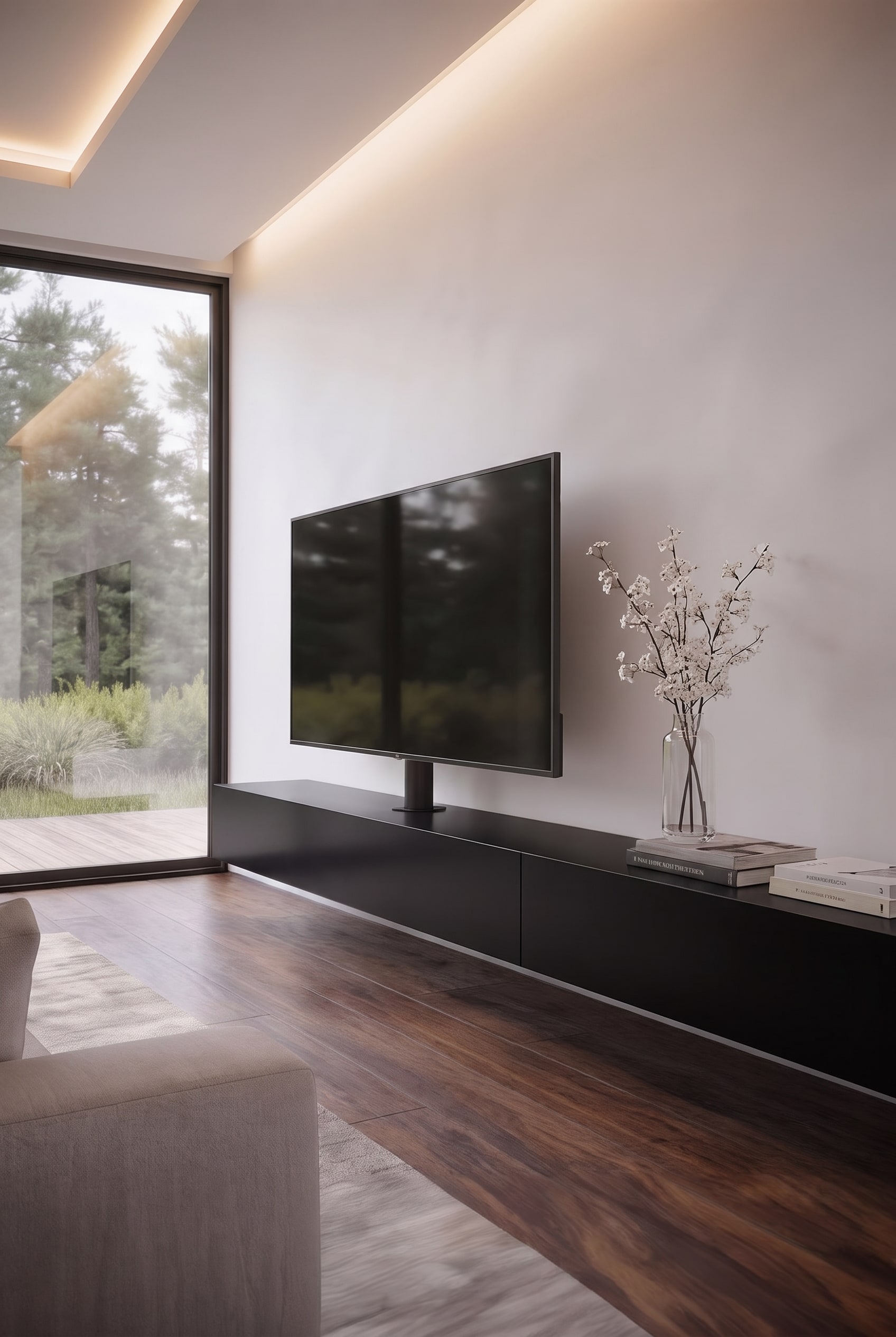 Meuble bas moderne Livitalia Vesa avec support TV int&eacute;gr&eacute; et gestion de c&acirc;bles enti&egrave;rement invisible