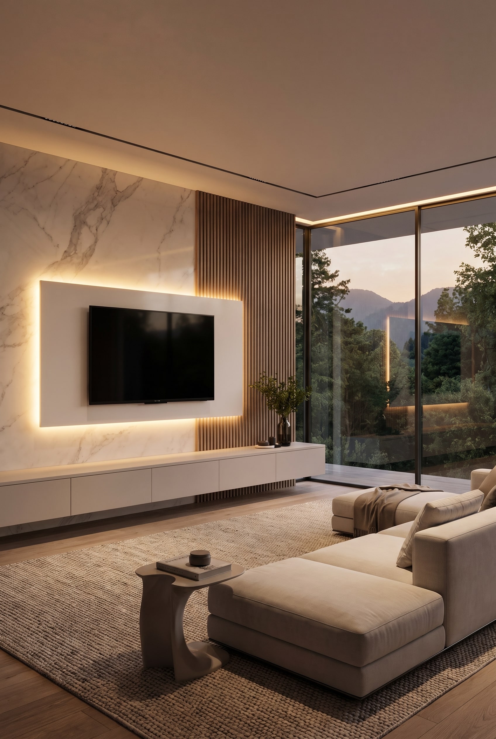 Salon moderne avec panneau mural TV en bois toute hauteur, un meuble bas &eacute;pur&eacute;, un canap&eacute; minimaliste et un vase design &eacute;l&eacute;gant