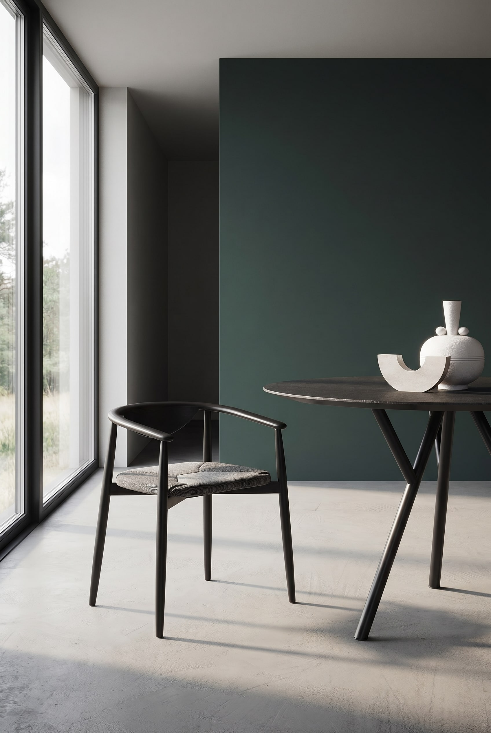 Salle à manger vert foncé avec chaise design noire en frêne et assise rembourrée texturée autour d'une table à manger ronde noire