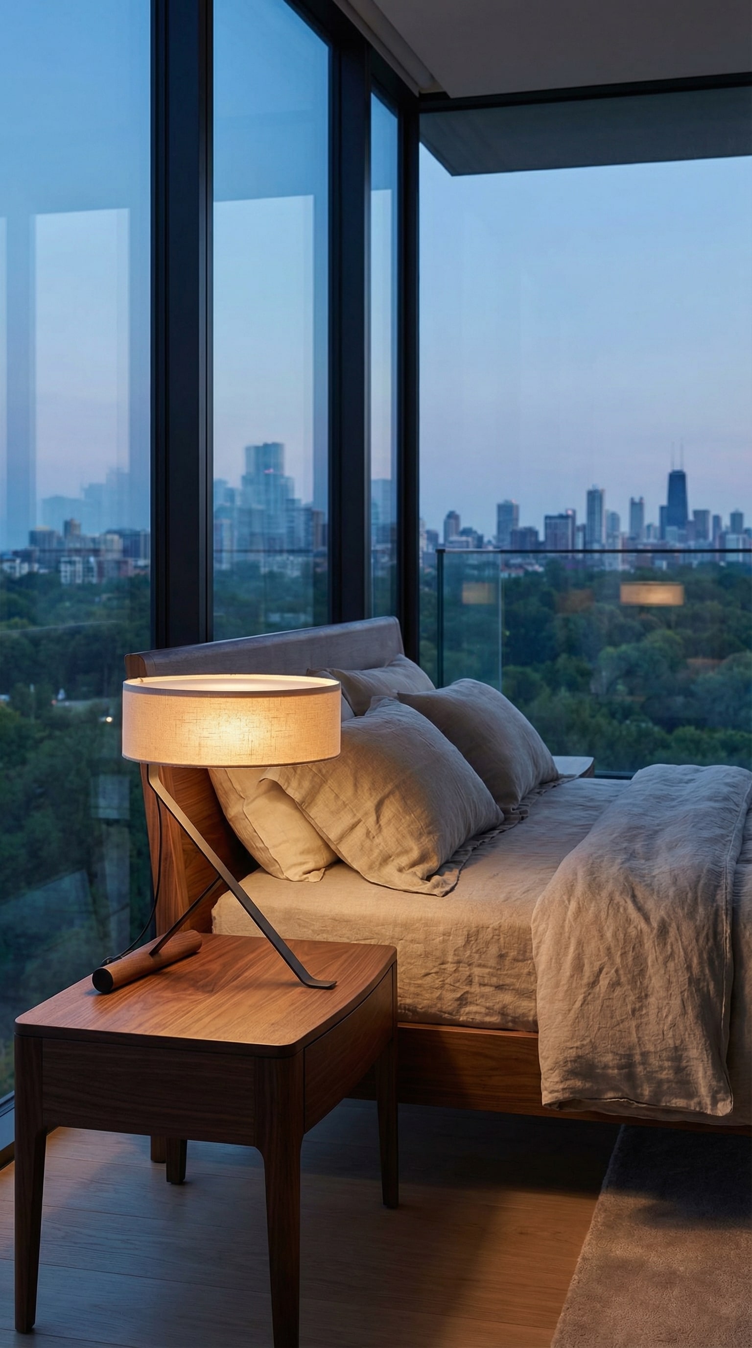 Lampe Punt Chicago sur une table de chevet &eacute;l&eacute;gante &agrave; c&ocirc;t&eacute; d'un lit douillet.