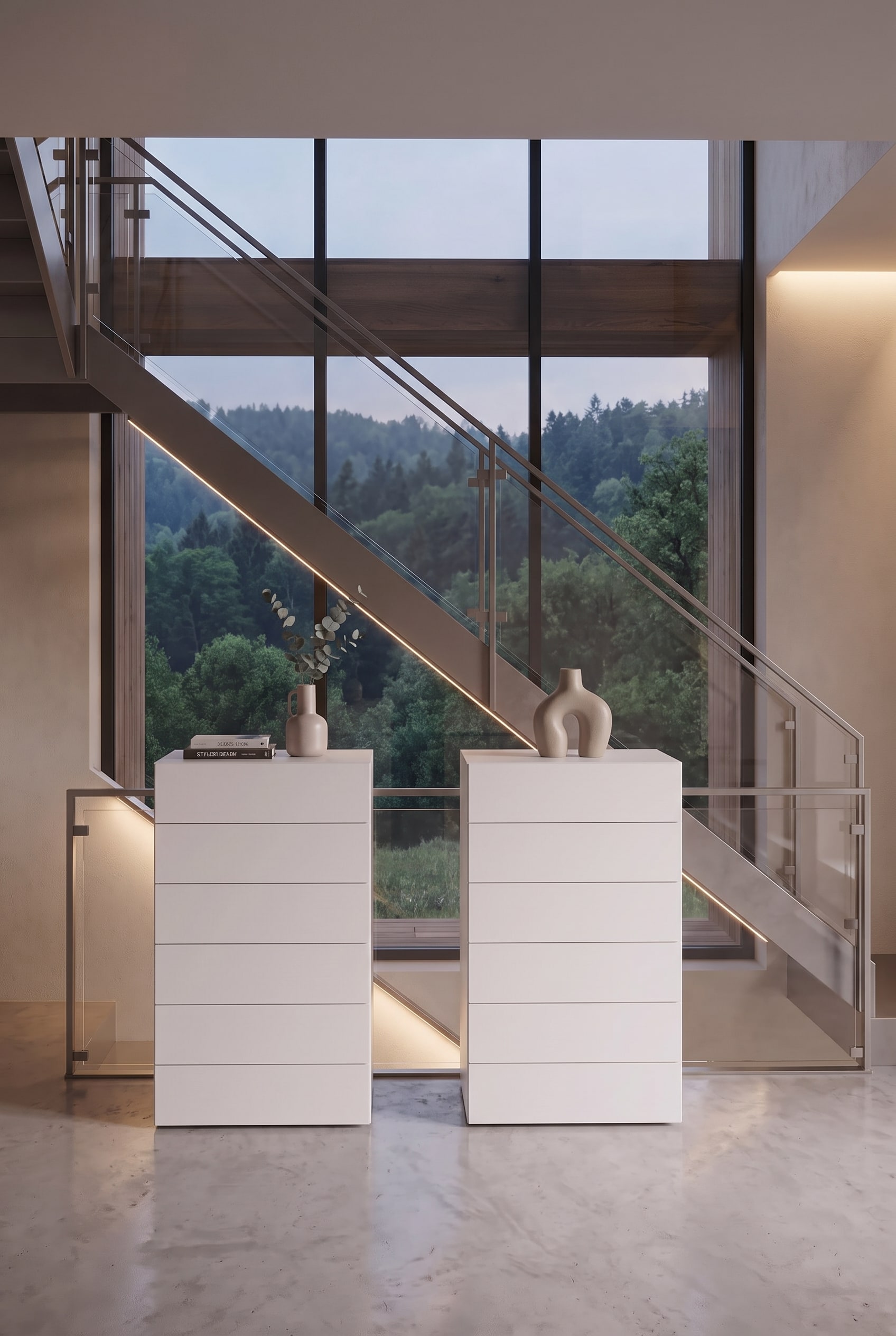 Vue frontale de deux commodes hautes blanches dans un escalier moderne devant une grande fenêtre panoramique.