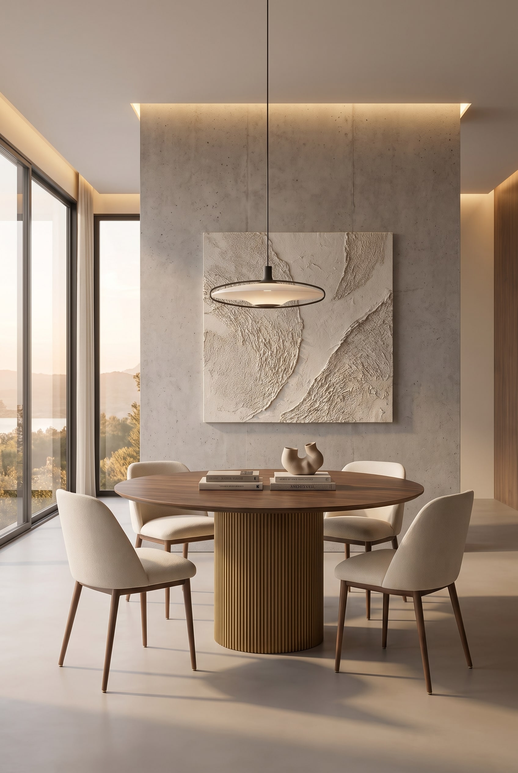 Une table de salle &agrave; manger ronde et moderne avec un pied central cannel&eacute;, au-dessus de laquelle est suspendue une &oelig;uvre d'art g&eacute;n&eacute;reuse, de format portrait, parfaitement centr&eacute;e sur le mur.