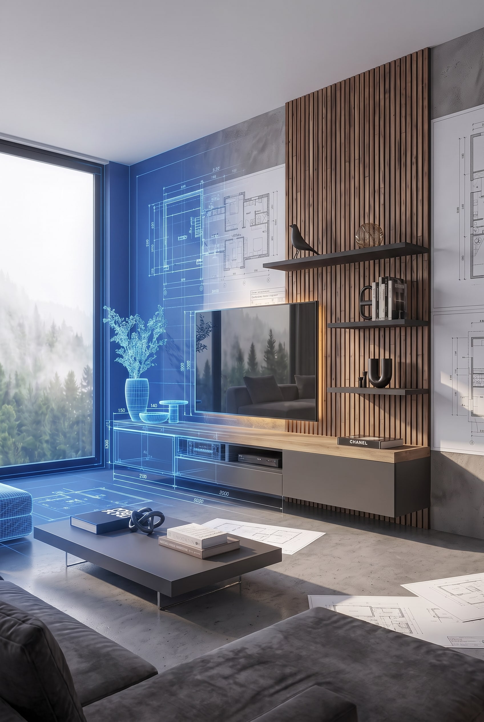 Différentes largeurs du meuble TV Livitalia C101 dans une visualisation 3D