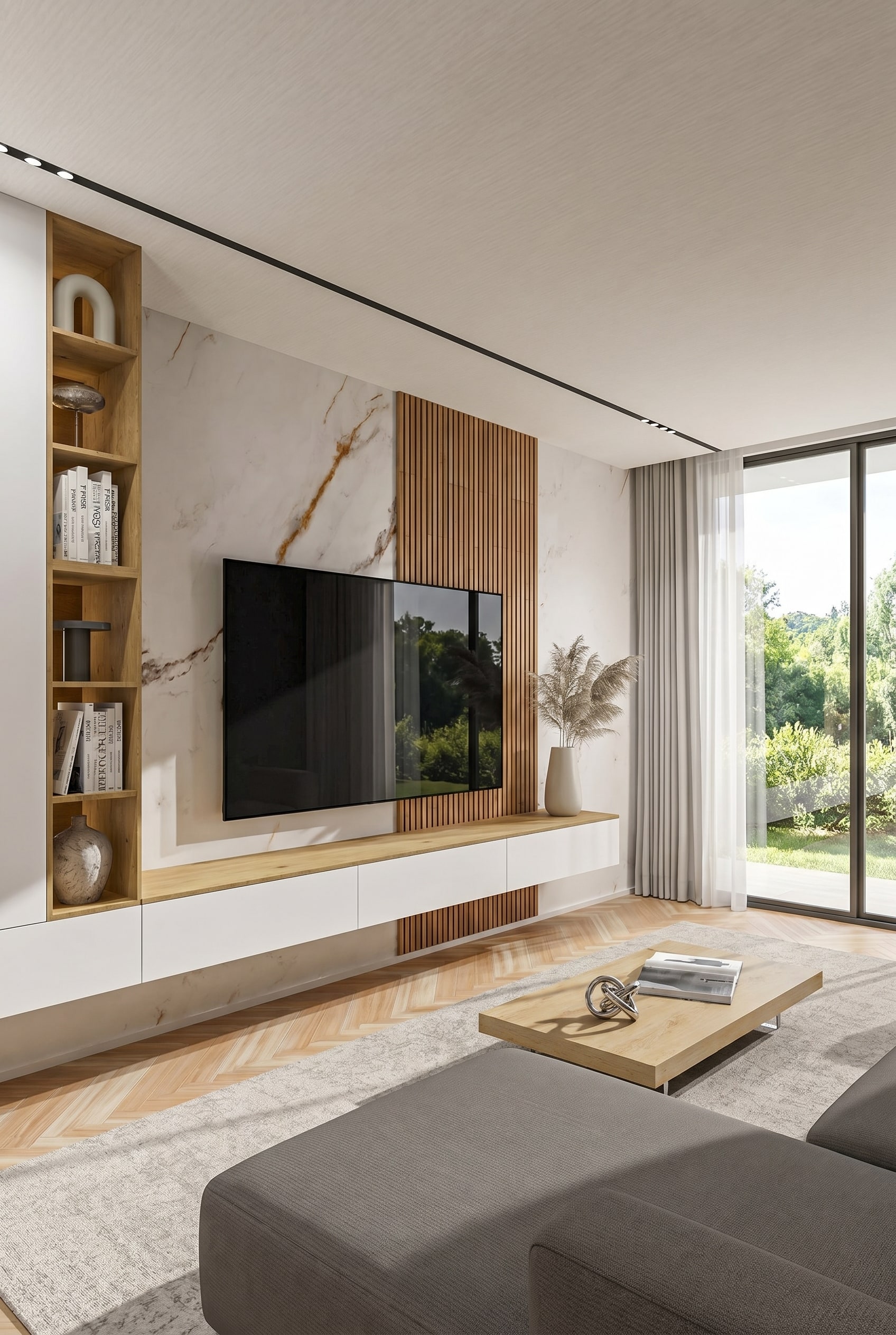 Meuble mural pleine hauteur, optimisant l'espace vertical dans un salon moderne Meuble mural pleine hauteur, optimisant l'espace vertical dans un salon moderne