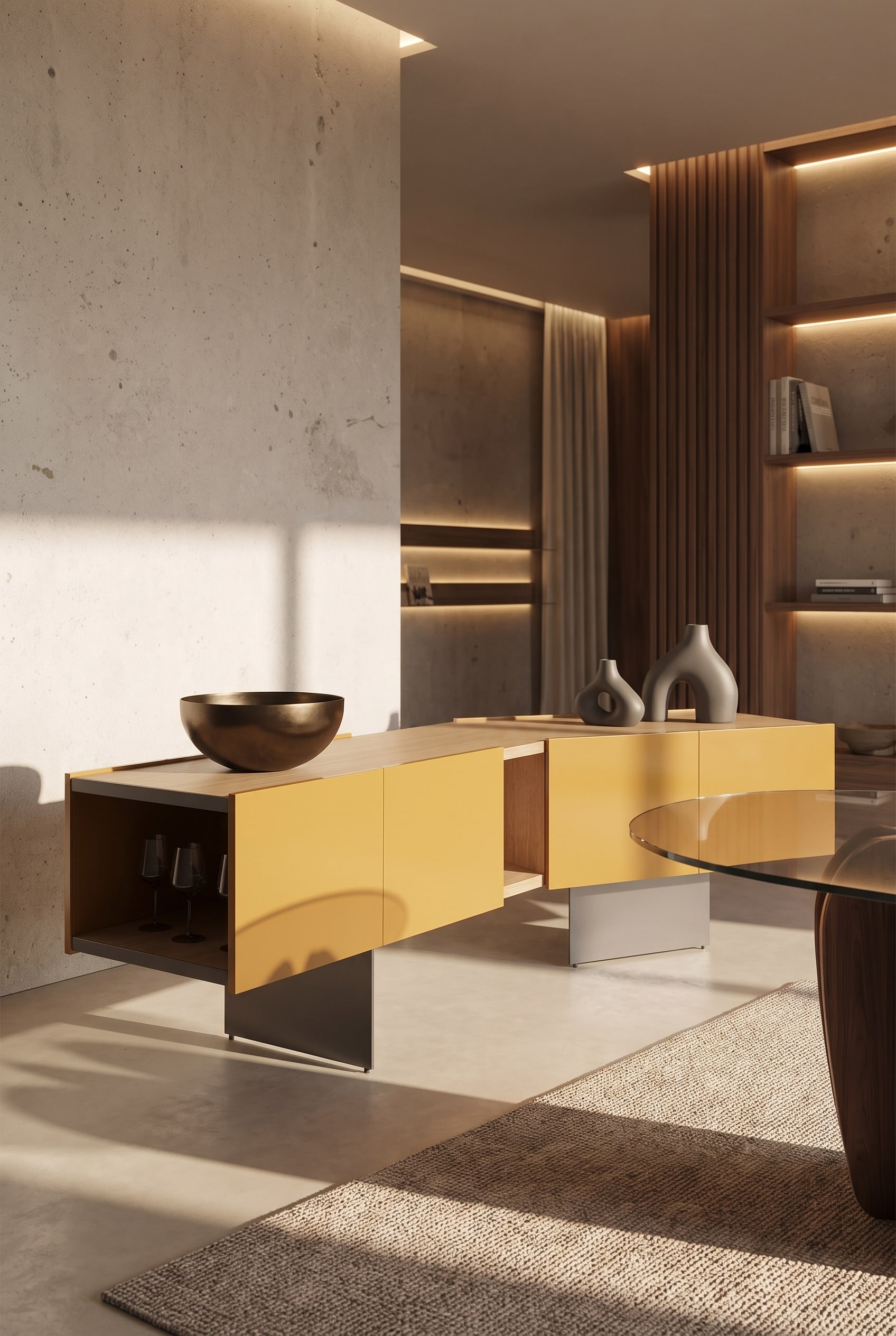 Buffet Punt Toscana Firenze décoré de manière minimaliste avec une grande coupe en bronze placée asymétriquement