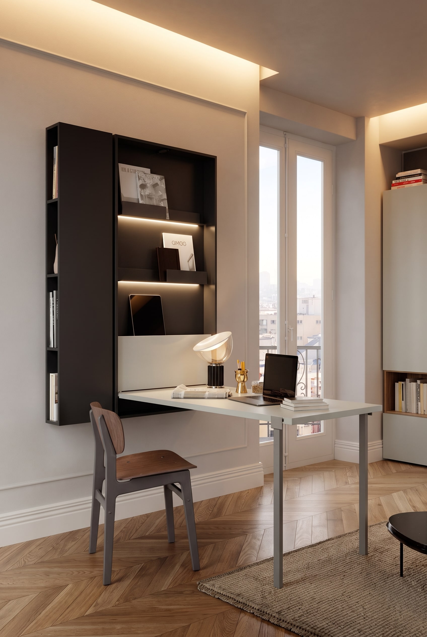 Bureau moderne avec table rabattable noire murale et parquet clair