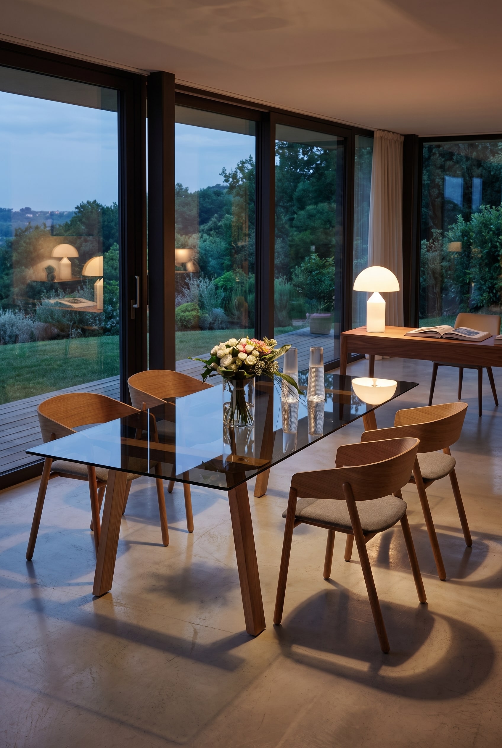 Salle &agrave; manger lumineuse avec une chaise filigrane en bois massif de ch&ecirc;ne devant un mur blanc minimaliste