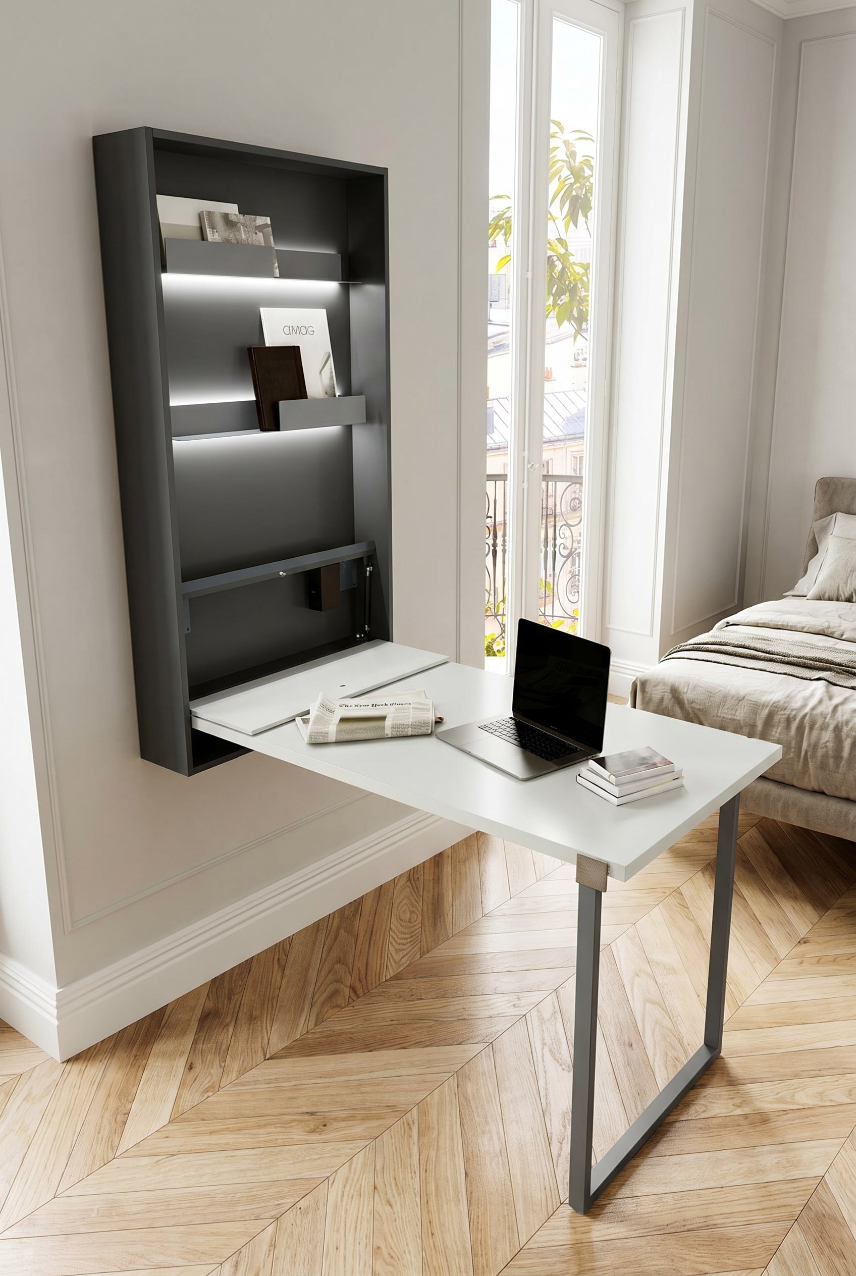 Une table pliante murale qui se déplie d'une armoire très plate. Une table pliante murale qui se déplie d'une armoire très plate.