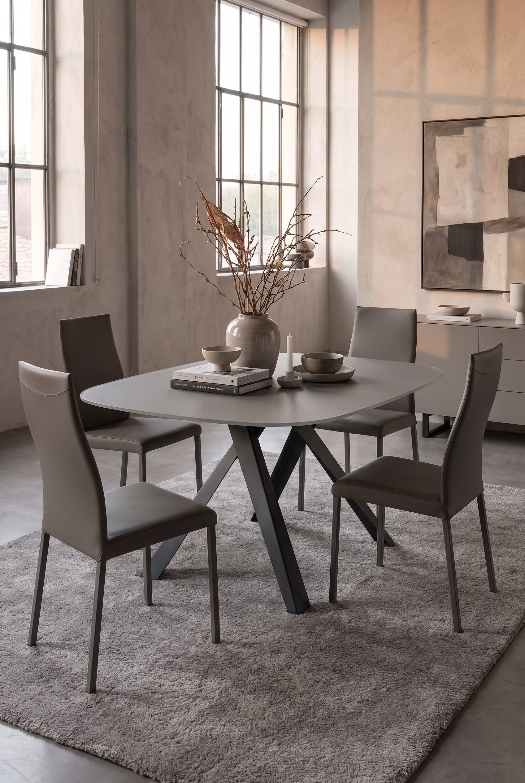 Table à manger en forme de tonneau grise avec des pieds noirs distinctifs entourée de quatre chaises en cuir dans un loft