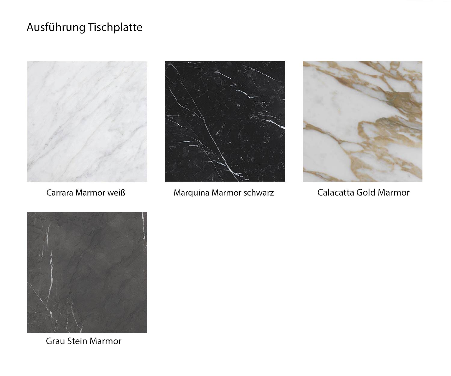 Kleurenoverzicht console Frame marmersoorten Carrara Calacatta Marquina