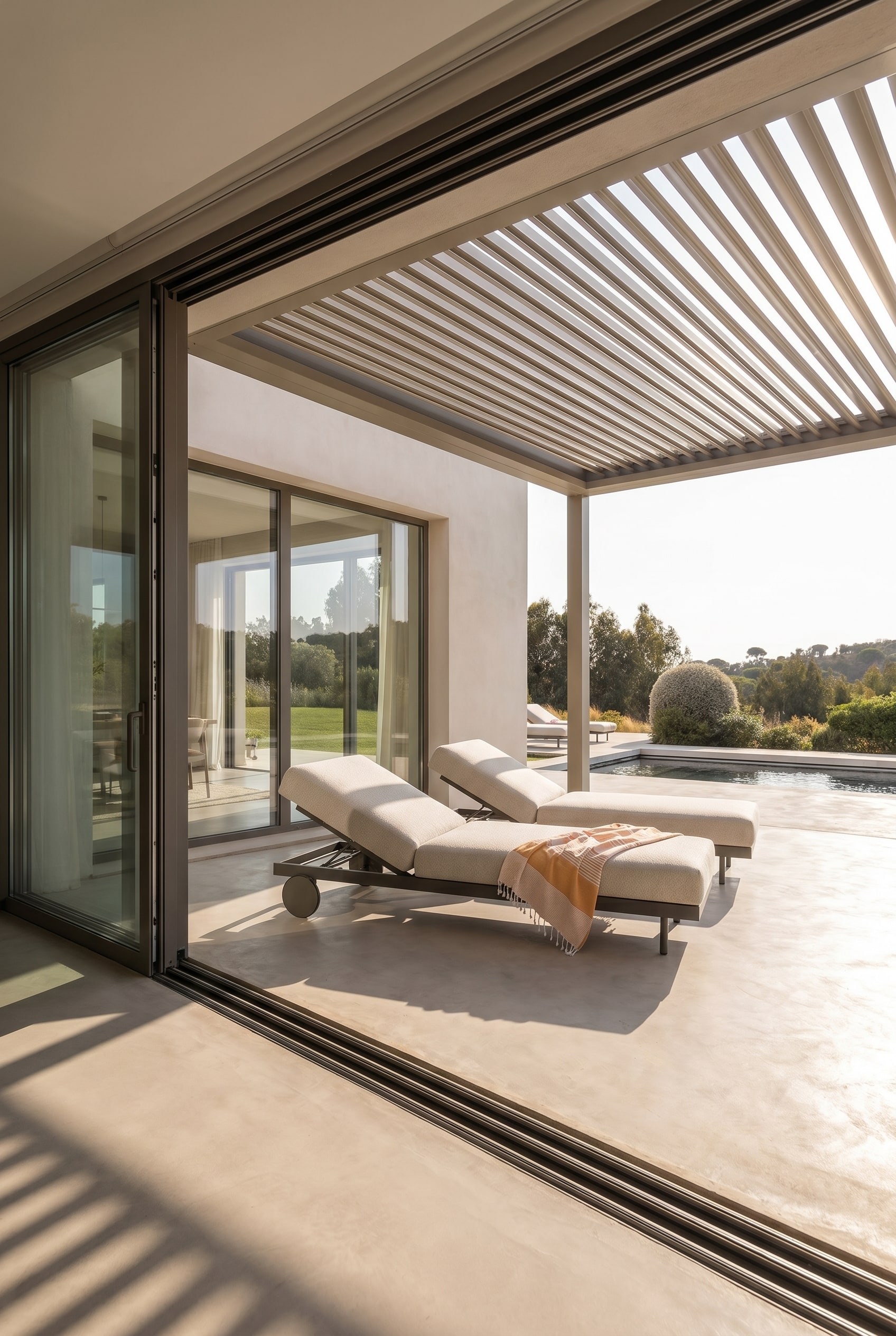 Terrasse de luxe couverte avec fen&ecirc;tres coulissantes ouvertes, toit &agrave; lames bioclimatique et la chaise longue de jardin minimaliste Todus Dongo en tissu clair