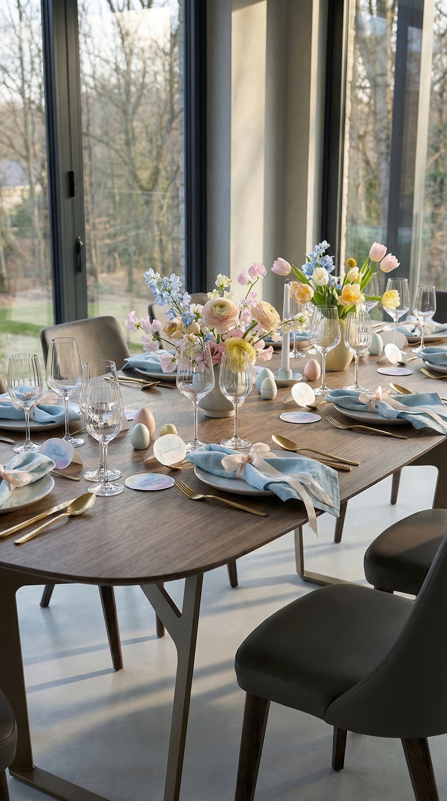 Een elegant gedekte eettafel voor een lente-diner met vrienden, ijsblauw en gouden bestek.