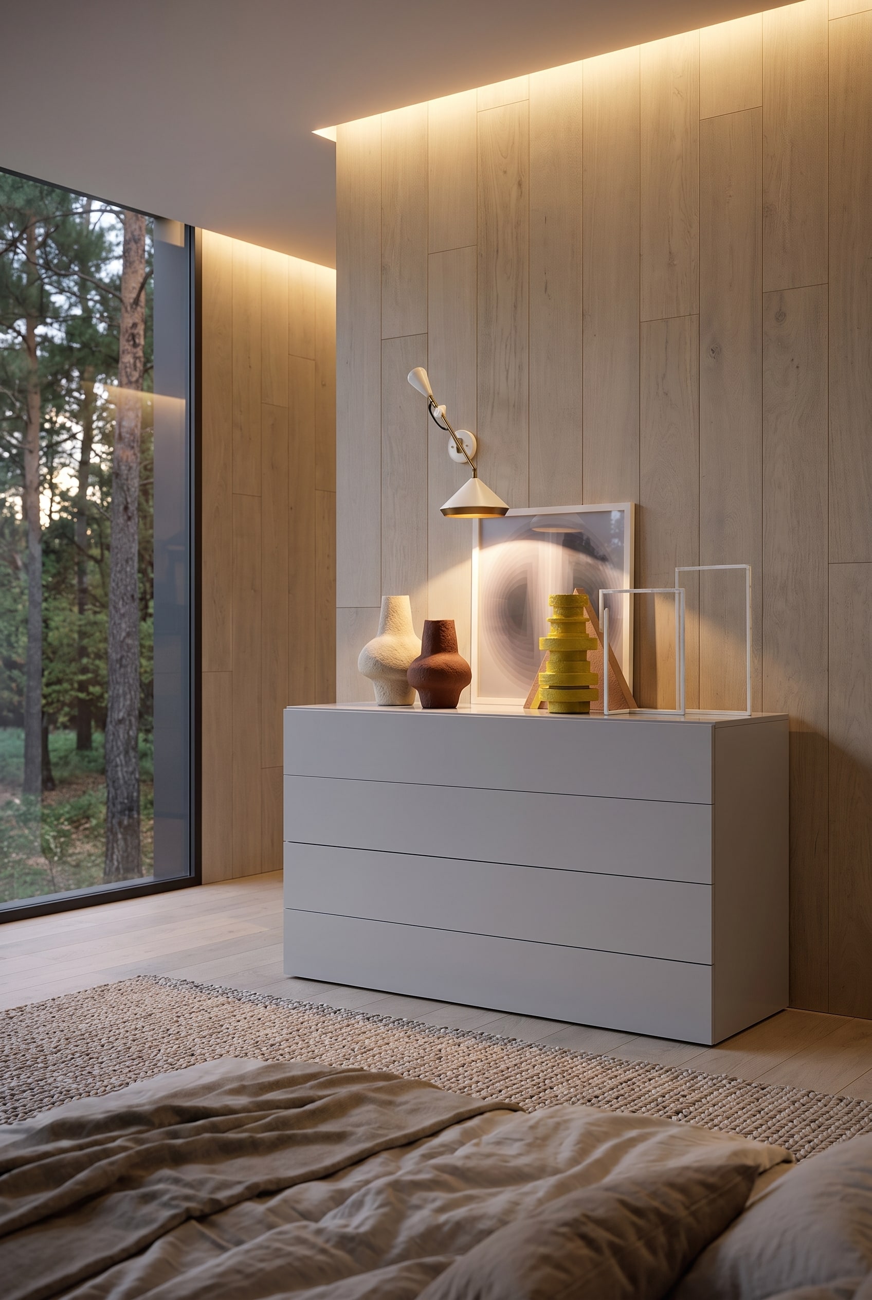 Chambre moderne avec une commode simple &agrave; quatre tiroirs, sur laquelle se trouvent une lampe de table et des vases en c&eacute;ramique