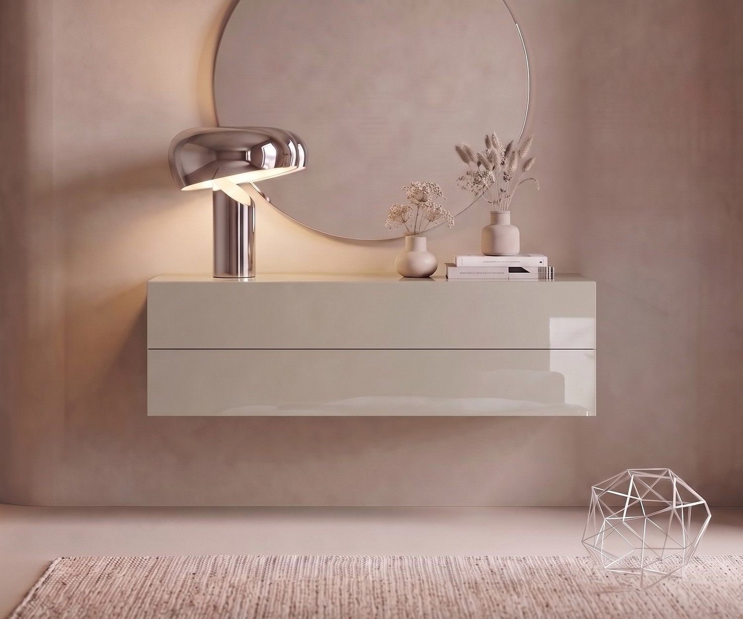 Novamobili Easy zwevend ladekast in beige hoogglans Zwevend ladekast Easy van Novamobili. Moderne beige hoogglans halconsole met laden, ronde spiegel en designlamp.