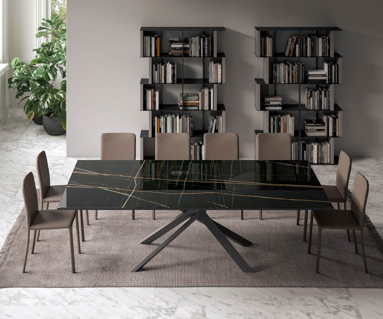 Uitschuifbare marmeren glazen eettafel Ozzio 4x4 T240 Zwart  Uitschuifbare marmeren glazen eettafel Ozzio 4x4 T240 Zwart