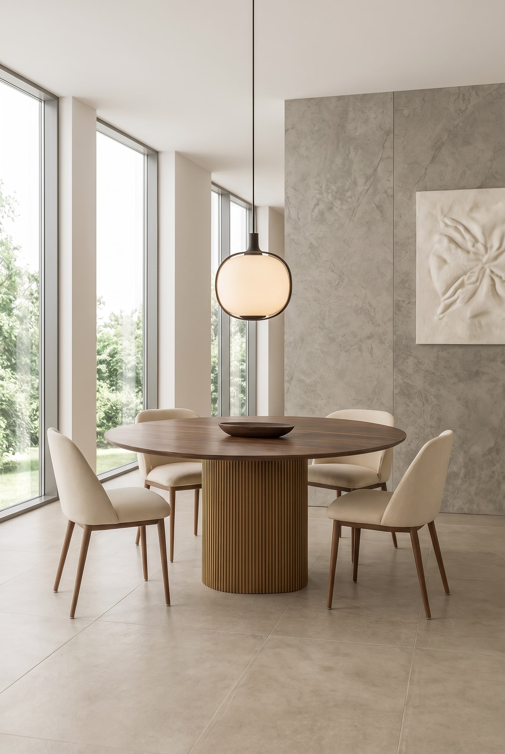 Salle à manger élégante avec table ronde en bois, piètement colonne cannelé et chaises rembourrées modernes