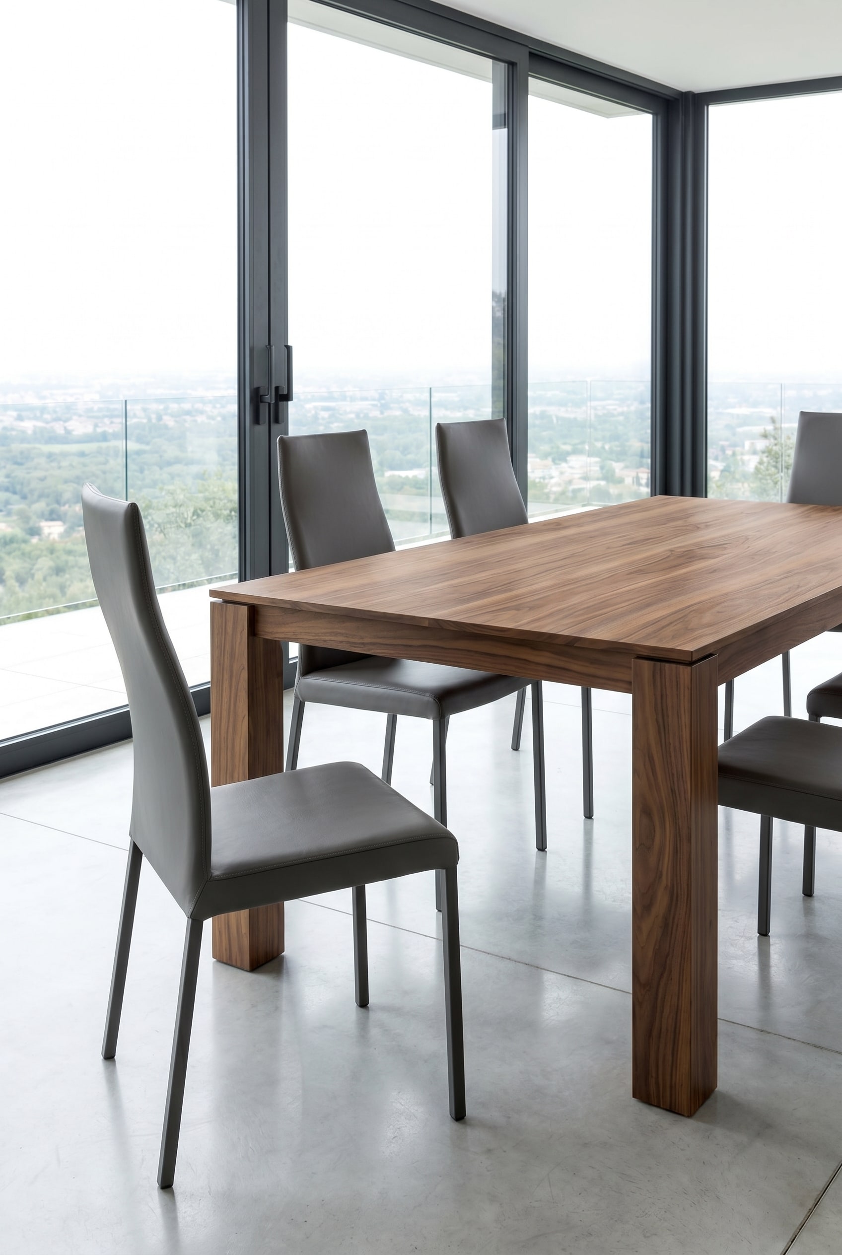 Salle &agrave; manger moderne avec chaises Ozzio Blitz &agrave; dossier en cuir gris autour d'une table en bois massif