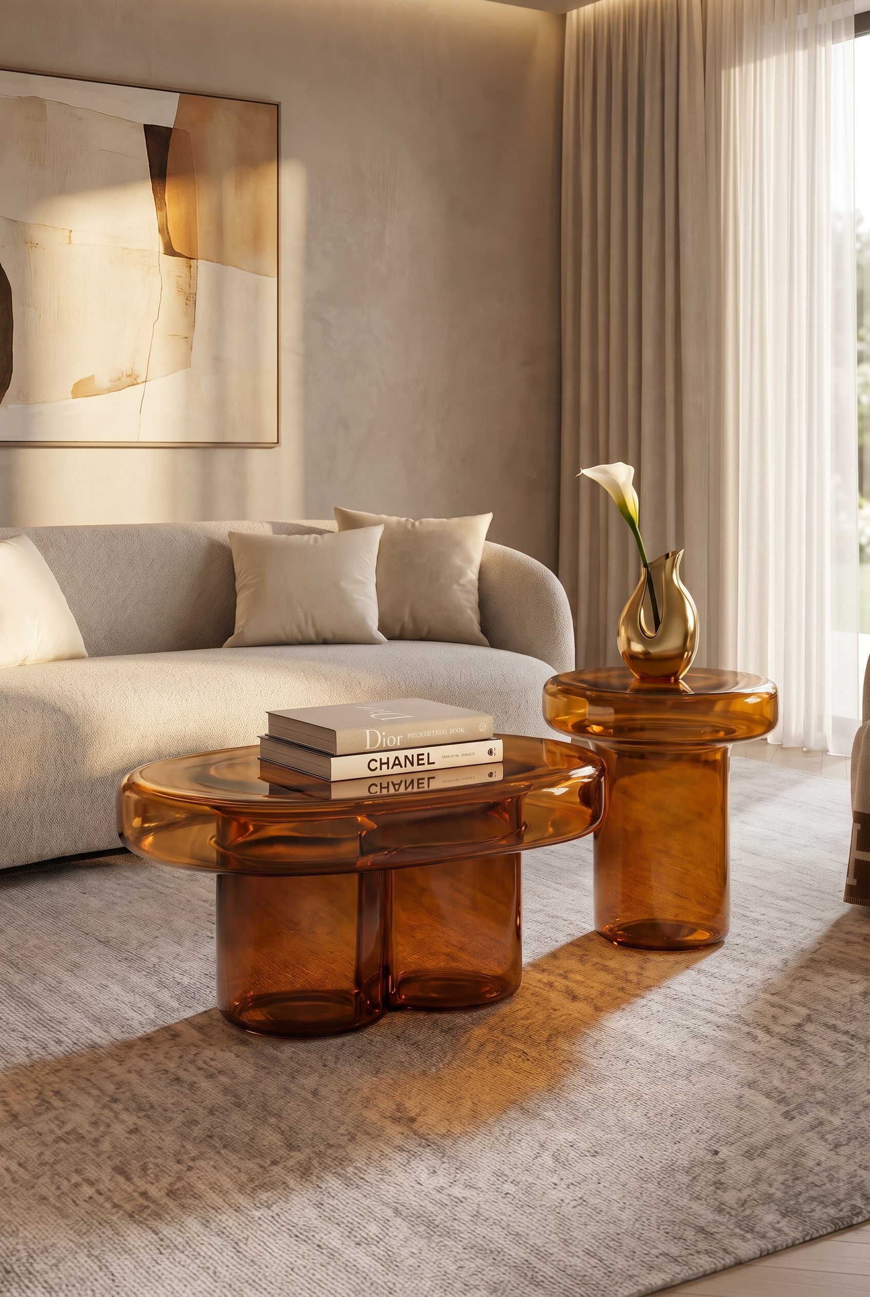 Salon minimaliste avec une table en verre ovale et sculpturale en verre de Murano couleur ambre, qui refl&egrave;te la lumi&egrave;re naturelle.