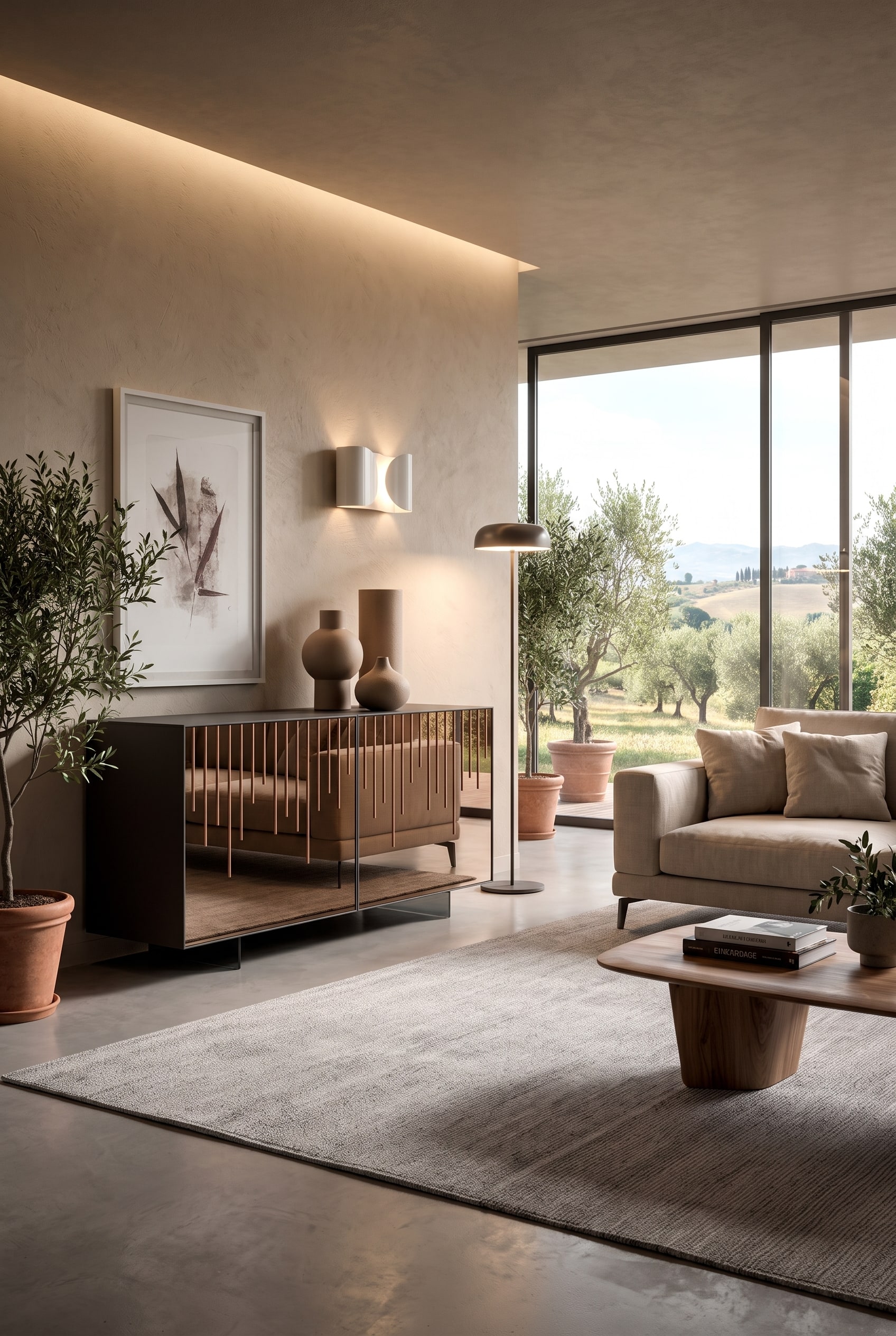 Buffet en verre miroir Ozzio Rain décoré de vases en céramique mats faits à la main pour une rupture tactile