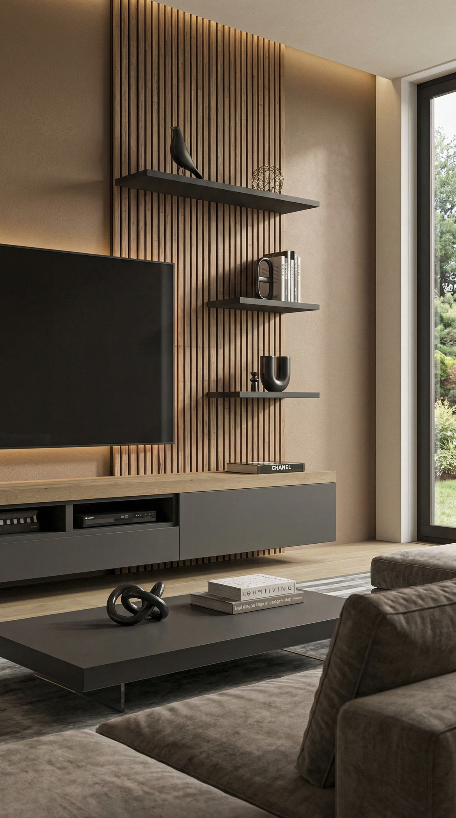 Woonwand met houten lamellen voor bruine muurverf Macchiato Trend 2026 Woonwand met houten lamellen voor bruine muurverf Macchiato Trend 2026