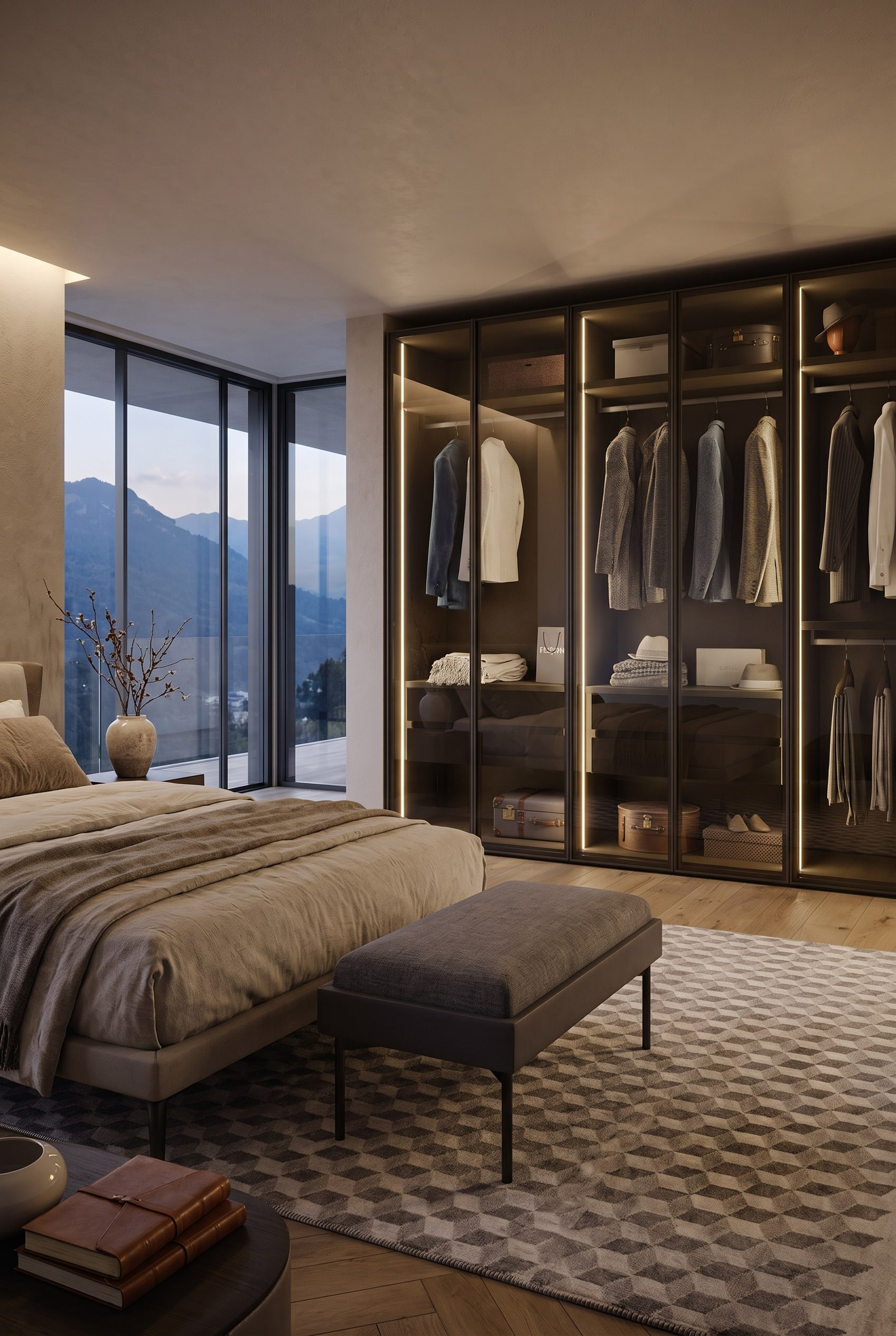 Chambre moderne avec dressing en verre éclairé intégré de manière harmonieuse, un lit rembourré et de grandes fenêtres avec vue sur la montagne.