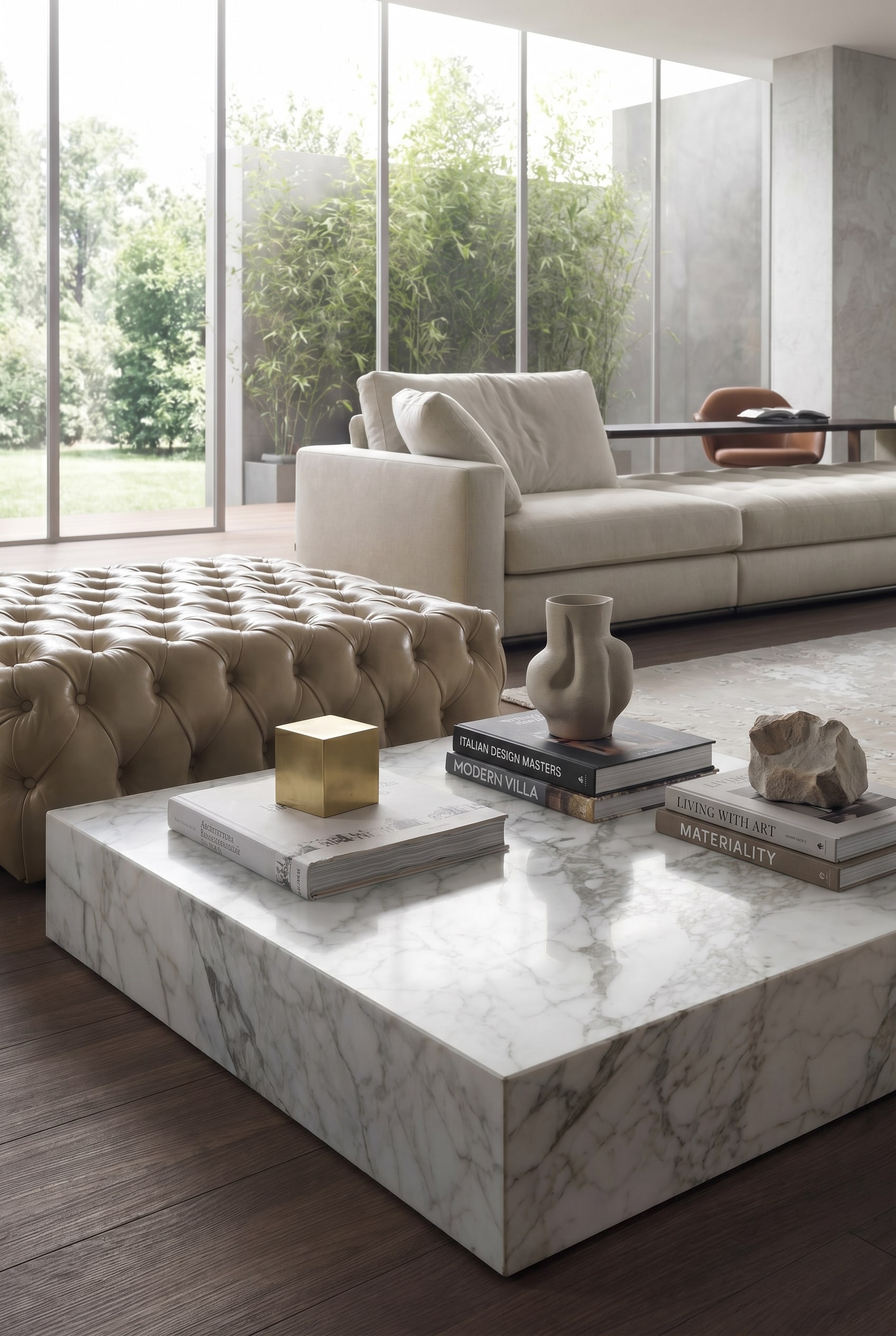 Salon avec une table basse massive en marbre, de type bloc, d&eacute;cor&eacute; de mani&egrave;re asym&eacute;trique avec un grand livre d'art A3 et un presse-papier en laiton