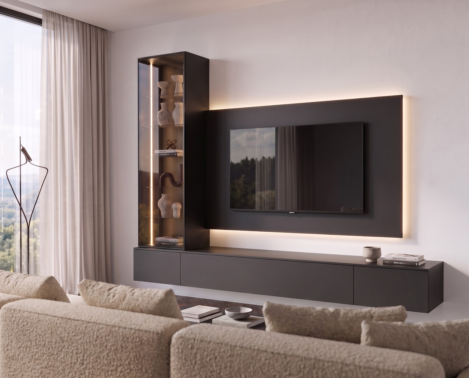 Wohnwand C109 in Schwarz, Blick vom Sofa Wohnwand C109 in Schwarz, Blick vom Sofa
