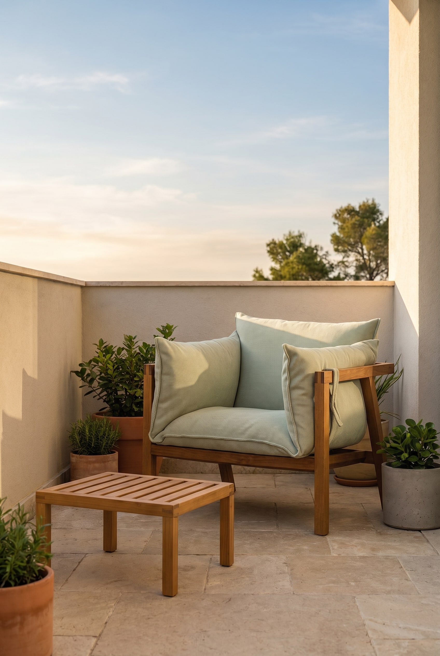 Kleiner Balkon mit Holzrahmen-Loungesessel und tiefen Kissen in hellem Gr&uuml;n auf Natursteinboden