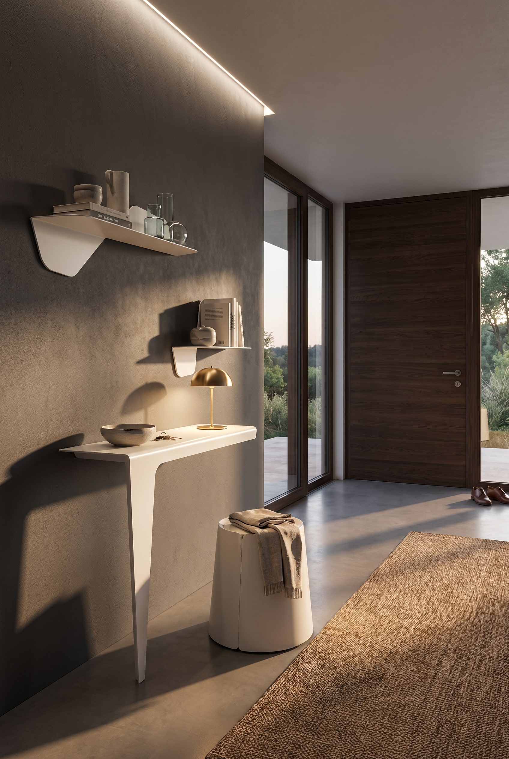 Entr&eacute;e avec une console g&eacute;om&eacute;trique blanche, agr&eacute;ment&eacute;e d'une coupelle en c&eacute;ramique et d'une petite lampe de table