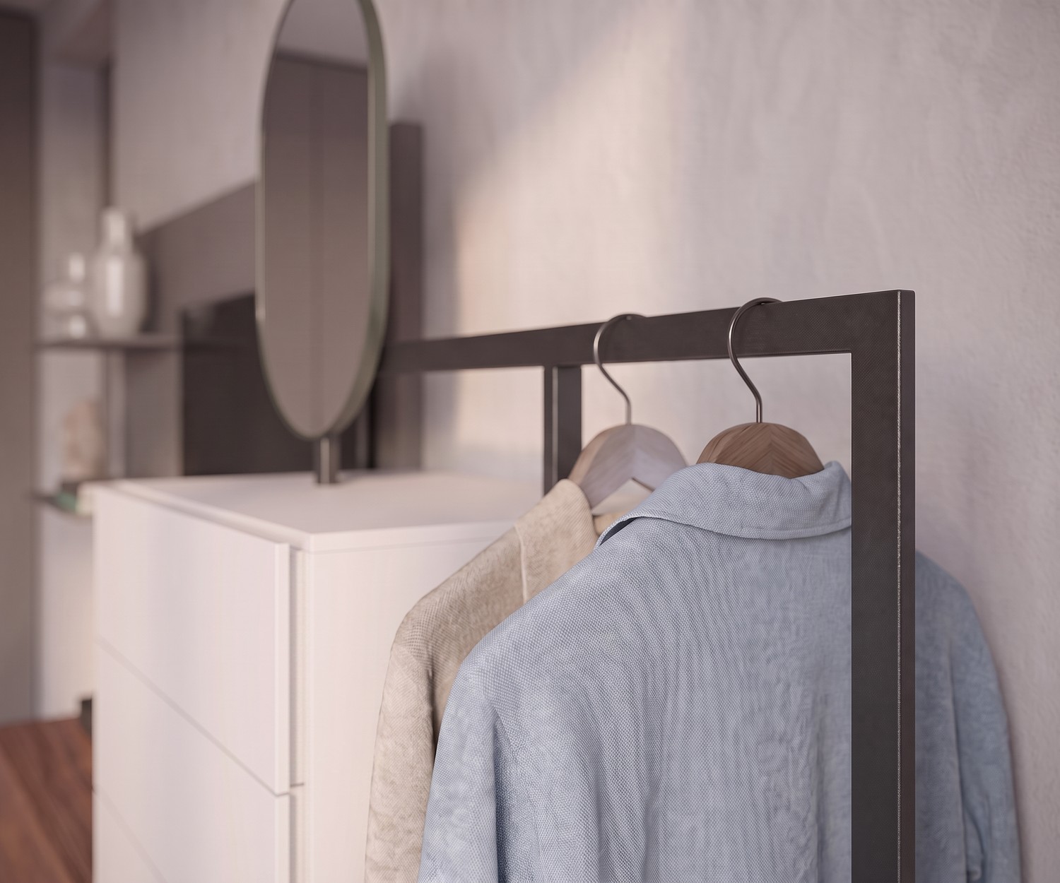 Commode Novamobili Easy 9 avec vestiaire de chambre, tringle pour vêtements, commode blanche et miroir, style moderne