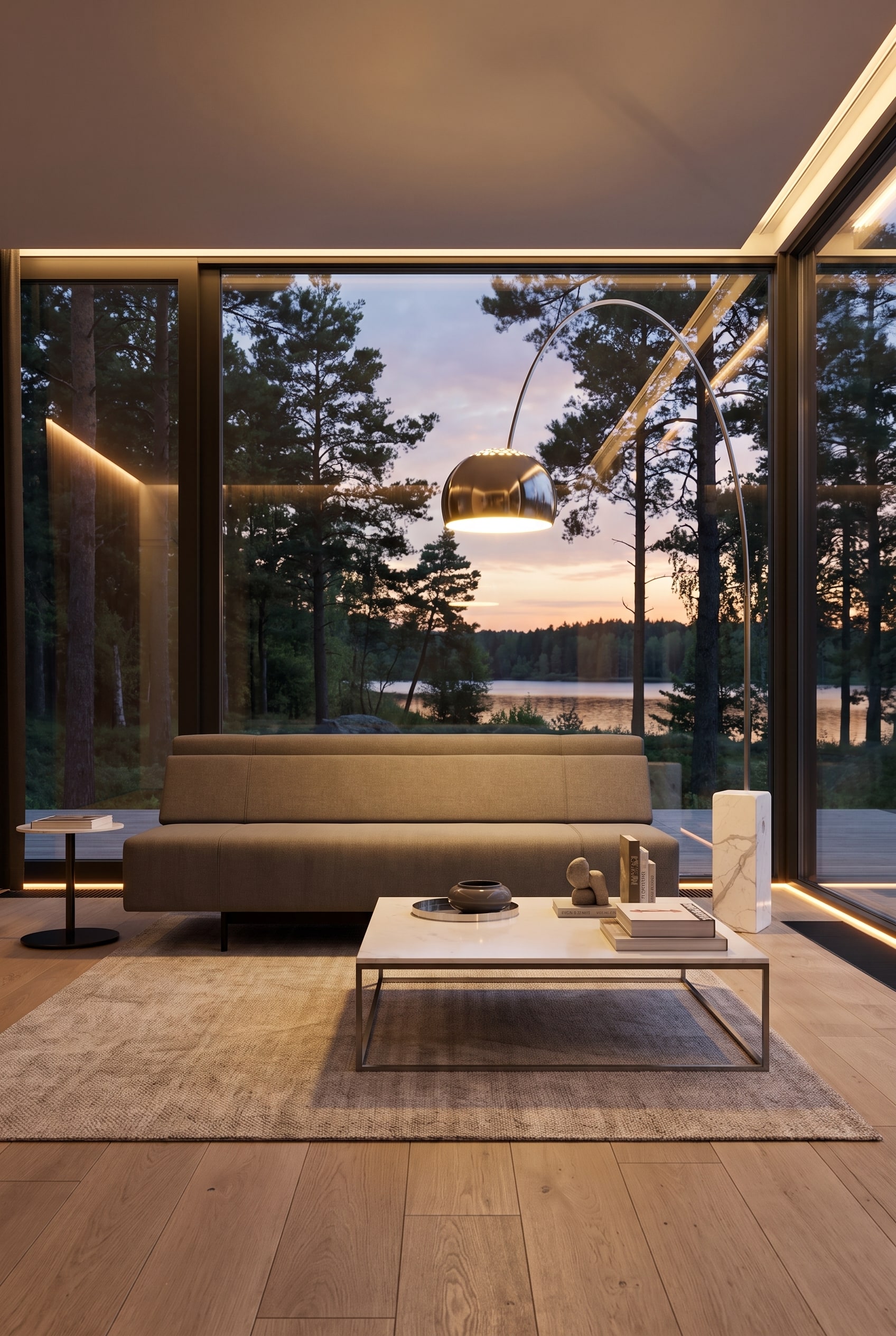 Modernes graues Schlafsofa mit markanten Steppungen, minimalistischem Couchtisch und eleganter Stehleuchte vor einer Holzlamellenwand