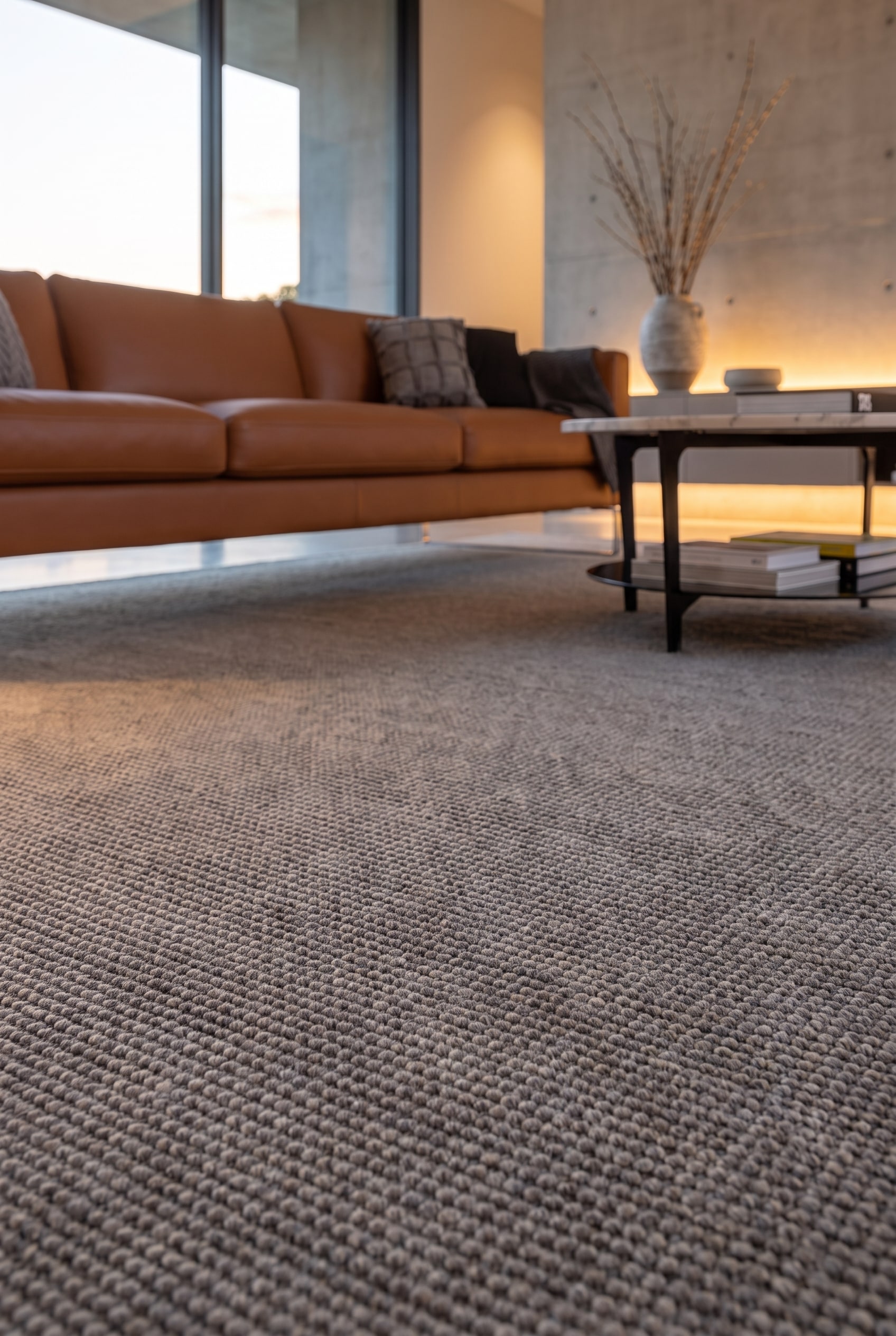 Gros plan des pieds de canap&eacute; d&eacute;licats d'un canap&eacute; en cuir marron, reposant stablement sur un tapis tiss&eacute; plat gris dans le salon.